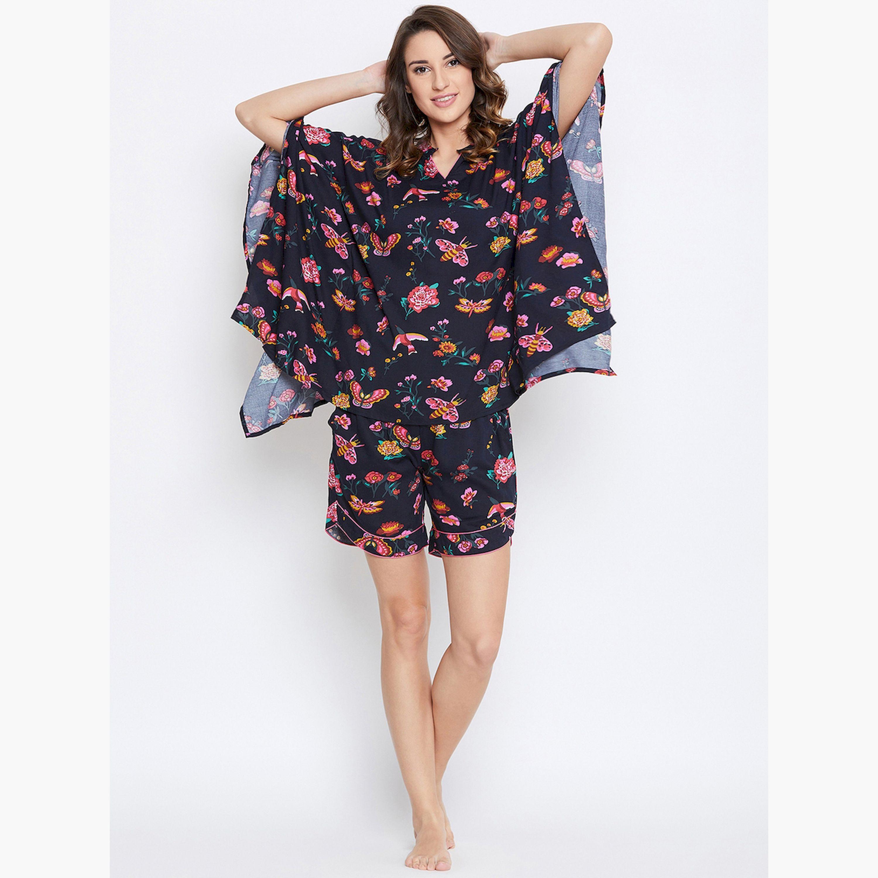 طقم فيسكوز بلوزة قفطان مطبوع بزخارف زهور وشورت-women-clothing-nightwear-pyjamas-shortsets-image-4