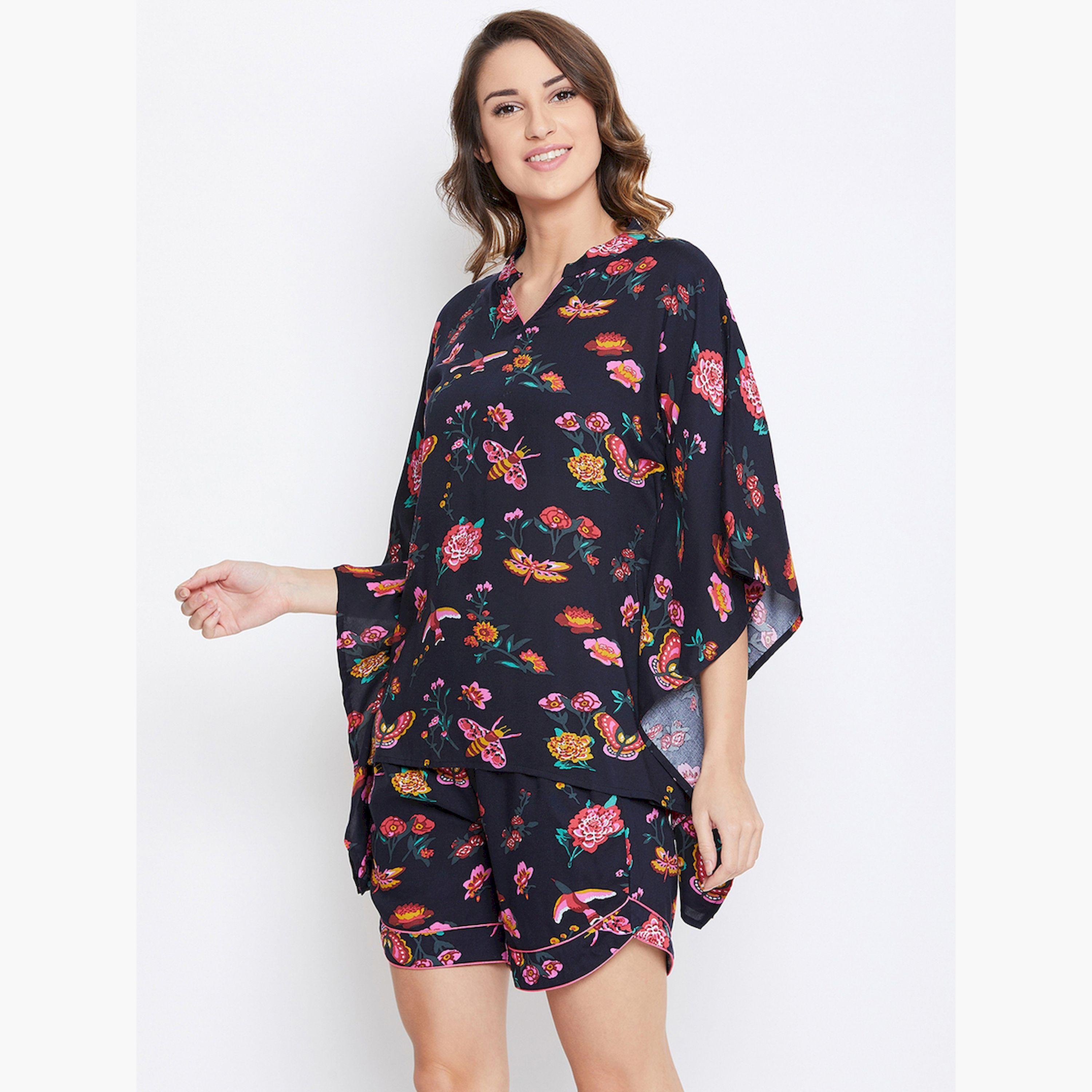 طقم فيسكوز بلوزة قفطان مطبوع بزخارف زهور وشورت-women-clothing-nightwear-pyjamas-shortsets-image-3