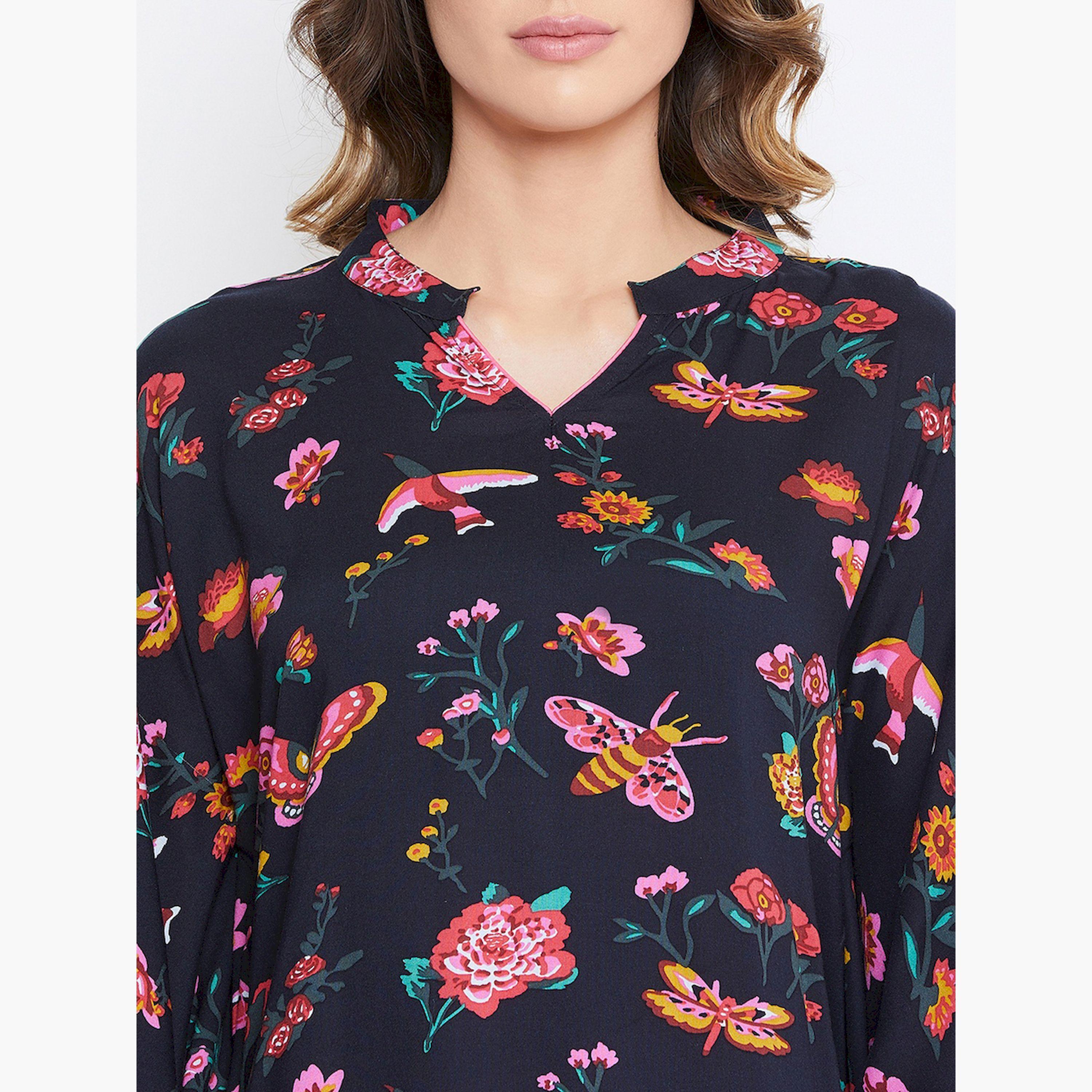 طقم فيسكوز بلوزة قفطان مطبوع بزخارف زهور وشورت-women-clothing-nightwear-pyjamas-shortsets-image-5