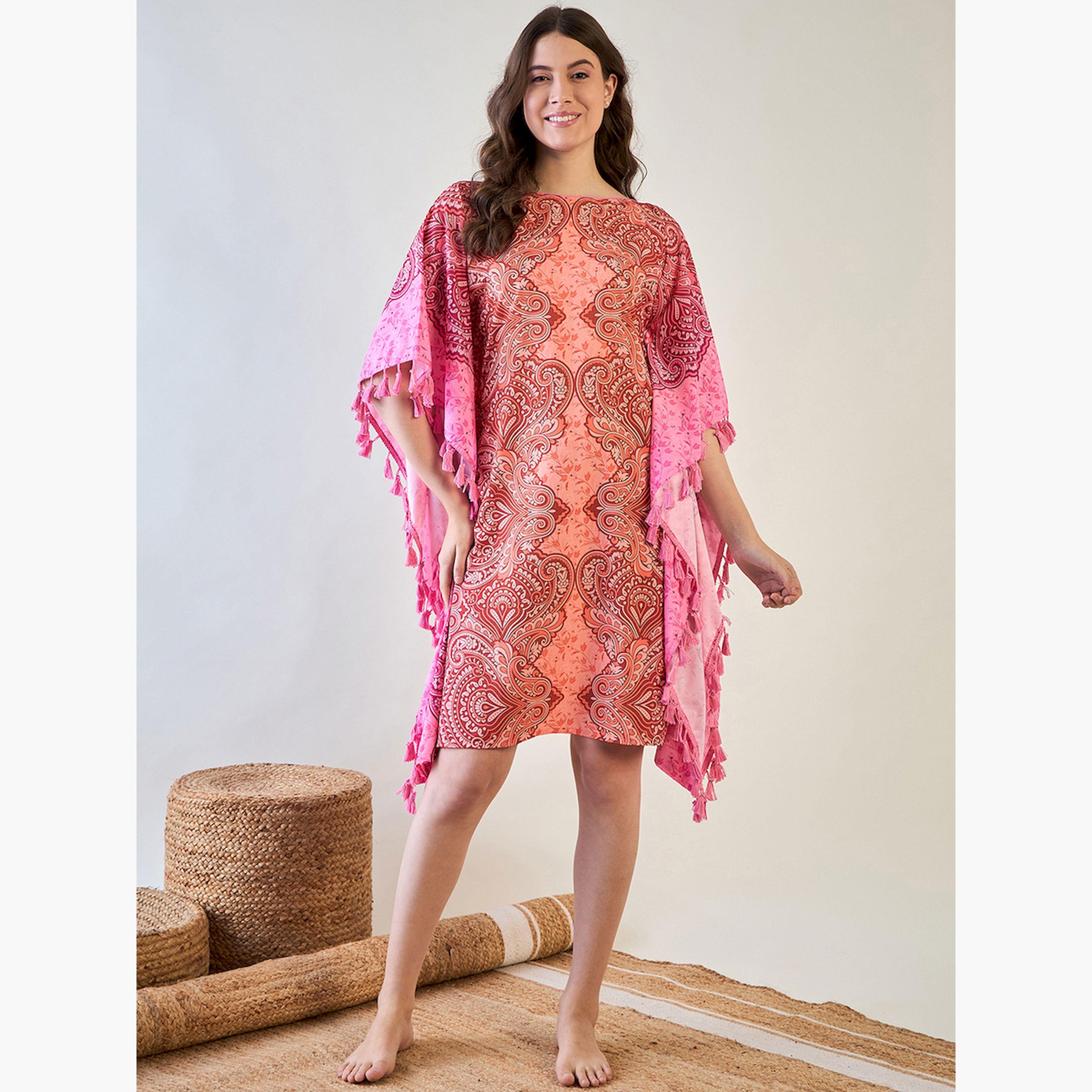 The Kaftan Company X Styli Pink Paisley Printed Crape Kaftan Nightdress with Tassel Details-women-clothing-nightwear-nighties-image-1