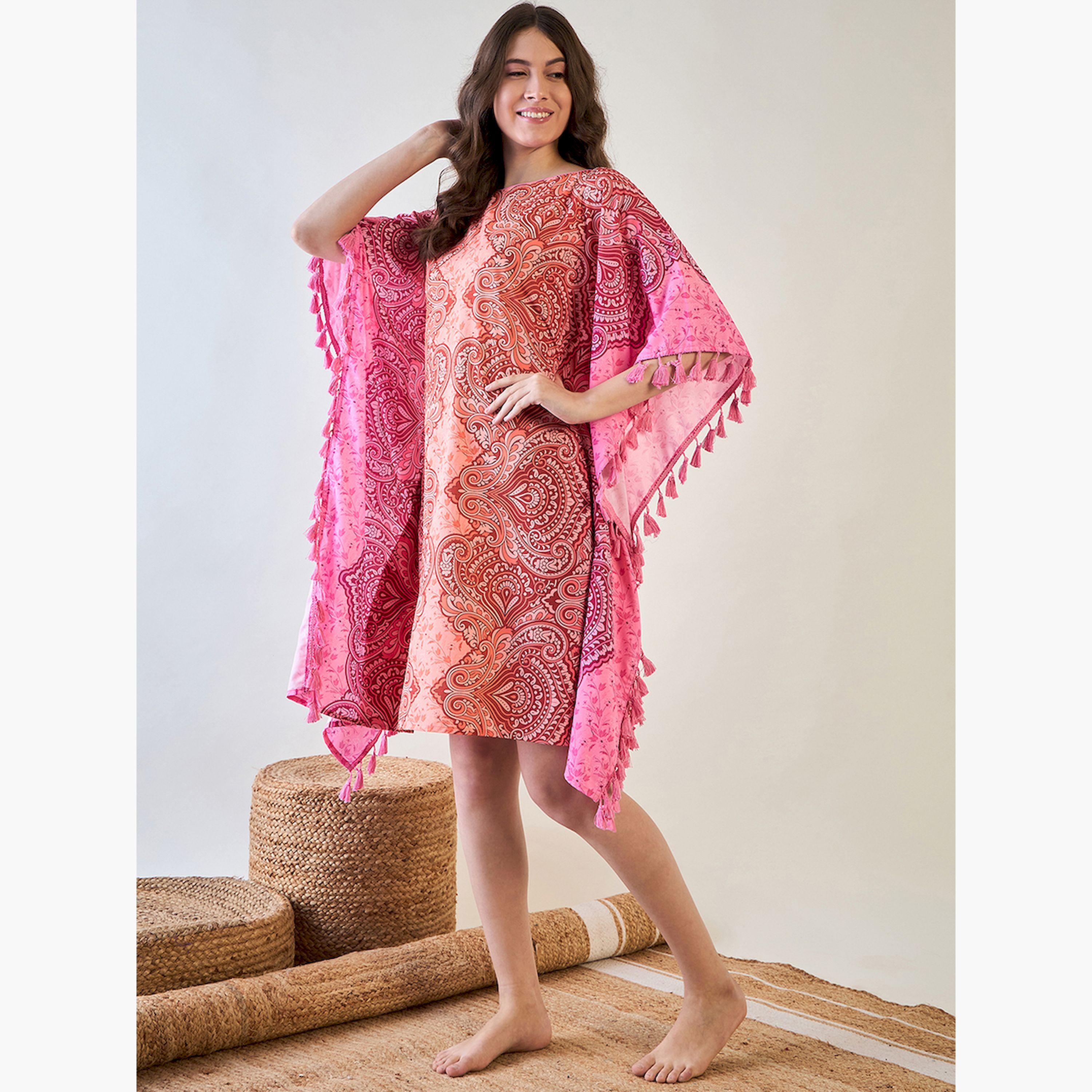 The Kaftan Company X Styli Pink Paisley Printed Crape Kaftan Nightdress with Tassel Details-women-clothing-nightwear-nighties-image-2