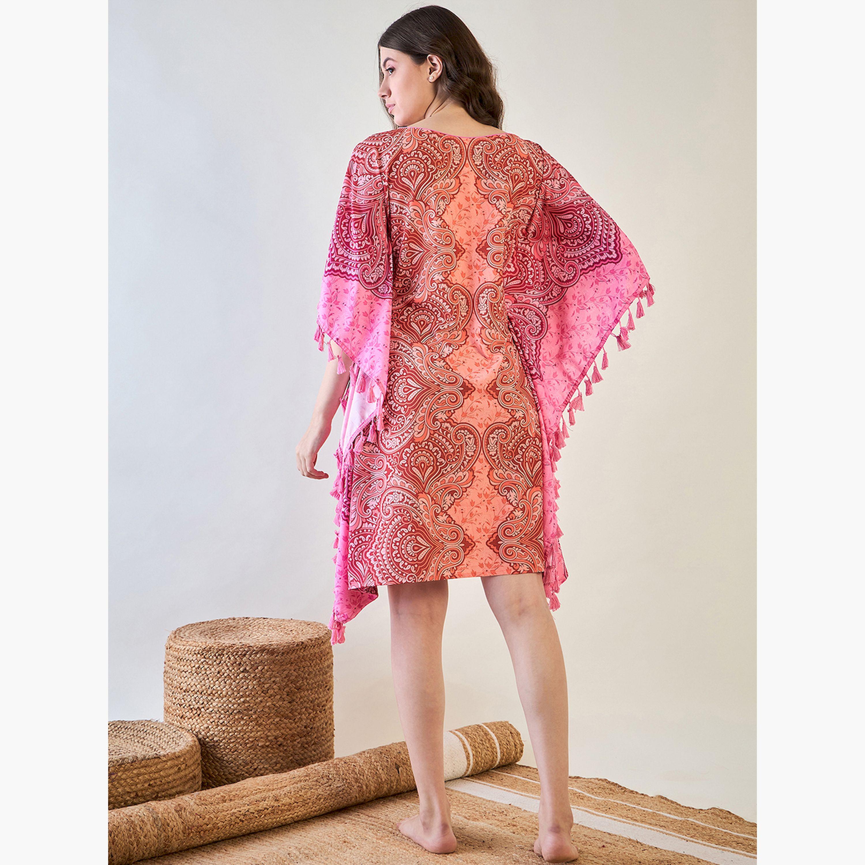 قميص نوم قفطان كريب وردي بنقشة البايزلي والشرابات-women-clothing-nightwear-nighties-image-4