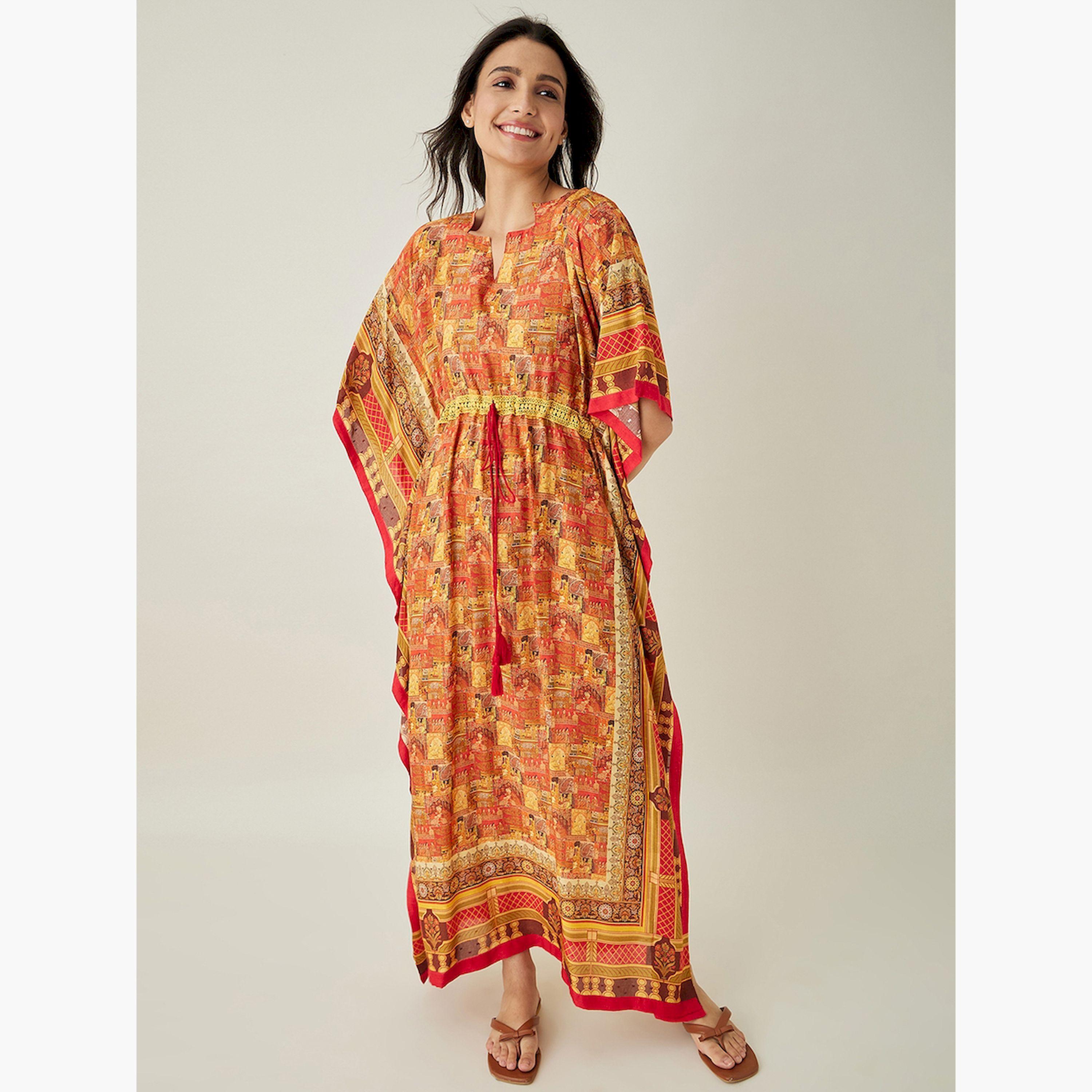 قميص نوم قفطان مودال ناعم بنقشة وخصر مزموم-women-clothing-nightwear-nighties-image-1
