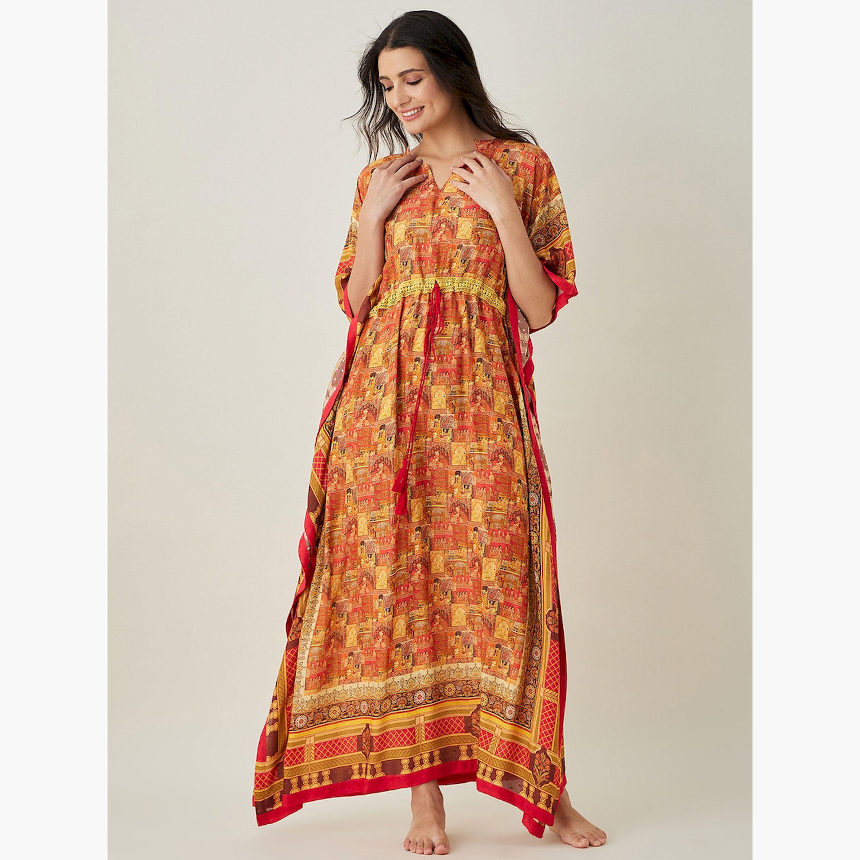 قميص نوم قفطان مودال ناعم بنقشة وخصر مزموم-women-clothing-nightwear-nighties-image-2