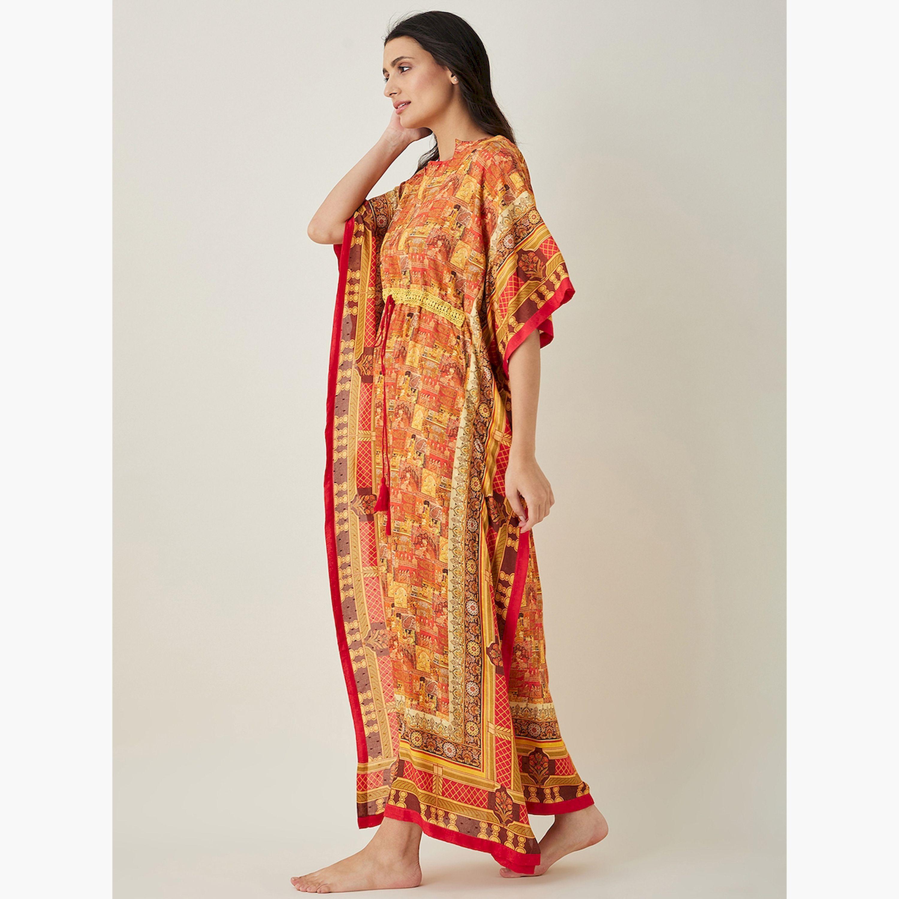The Kaftan Company X Styli Printed Soft Modal Kaftan Nightdress with Ruched Waist-women-clothing-nightwear-nighties-image-3