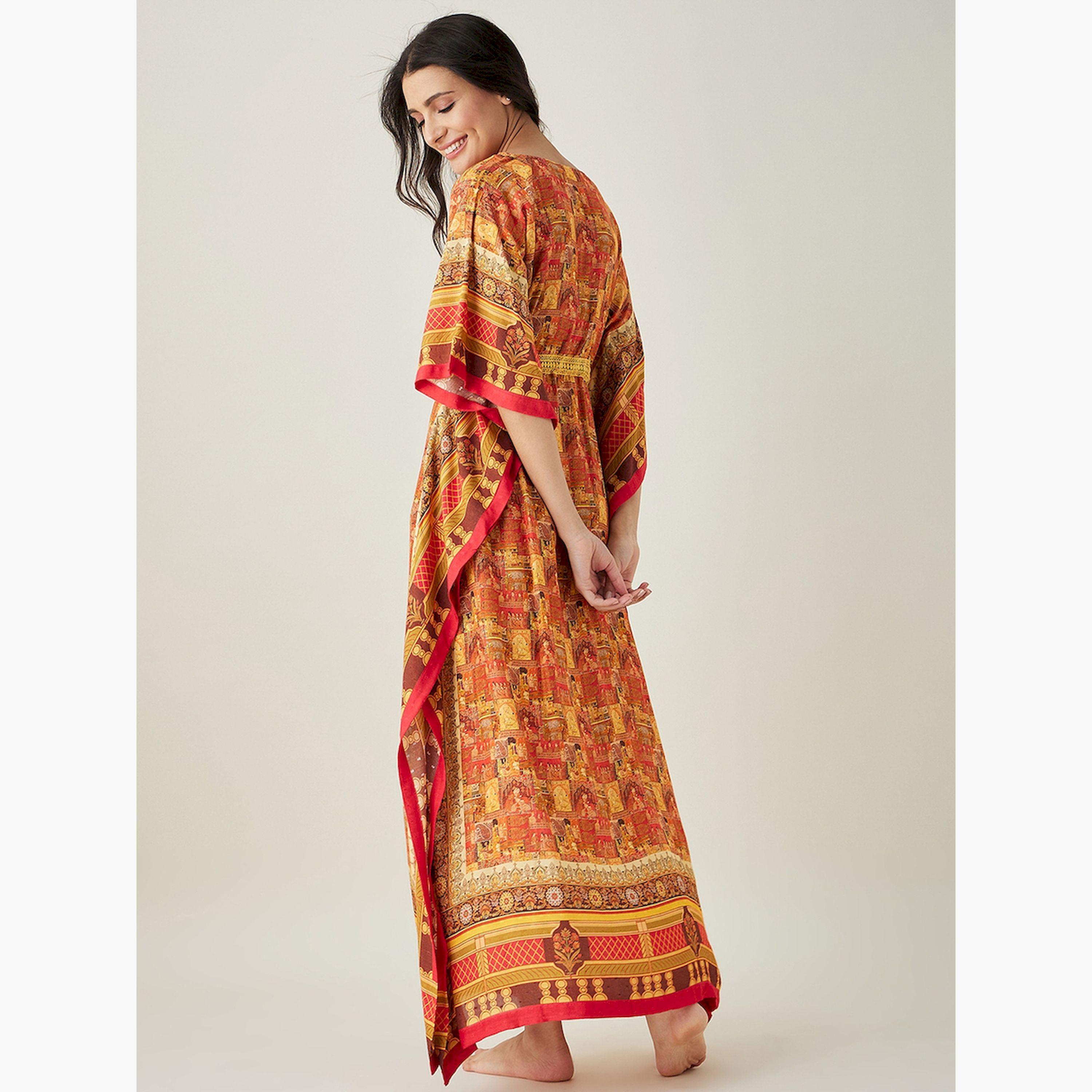 قميص نوم قفطان مودال ناعم بنقشة وخصر مزموم-women-clothing-nightwear-nighties-image-4