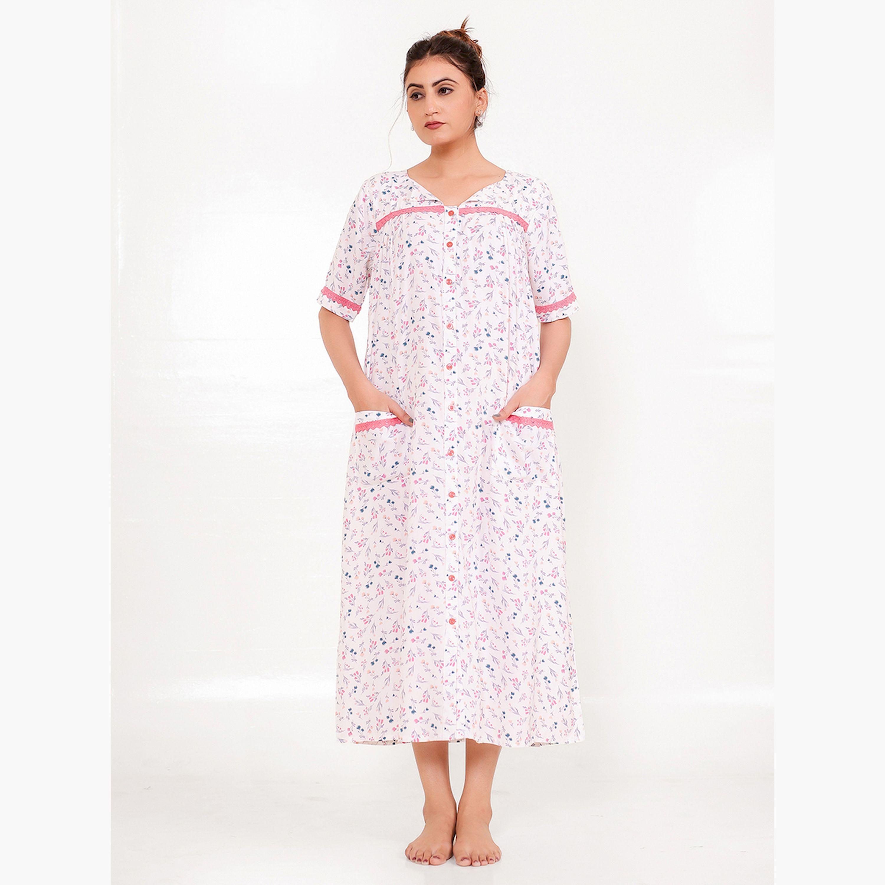 قميص نوم قطني لون سكري بنقشة الزهور-women-clothing-nightwear-nighties-image-1