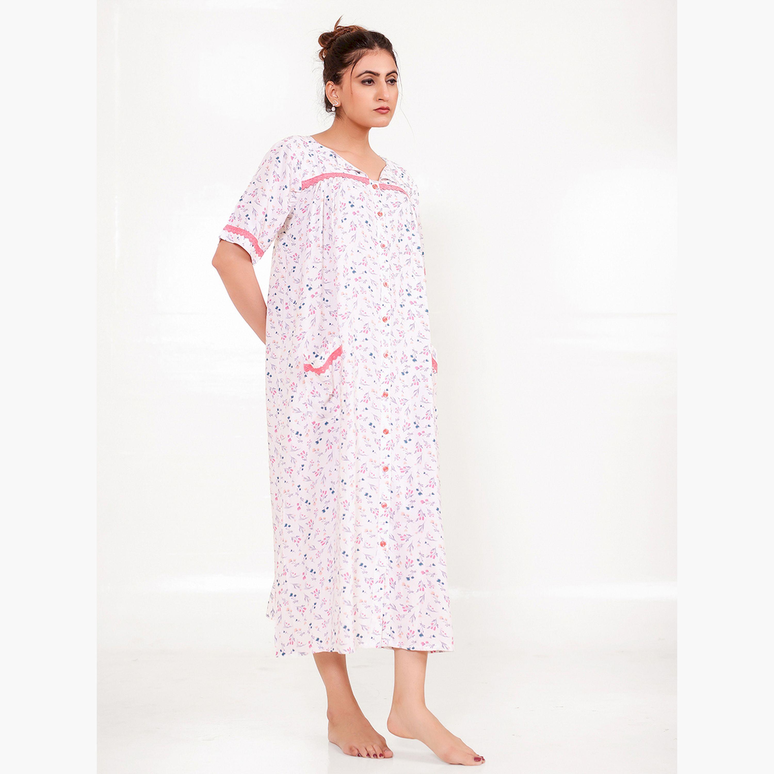 قميص نوم قطني لون سكري بنقشة الزهور-women-clothing-nightwear-nighties-image-2