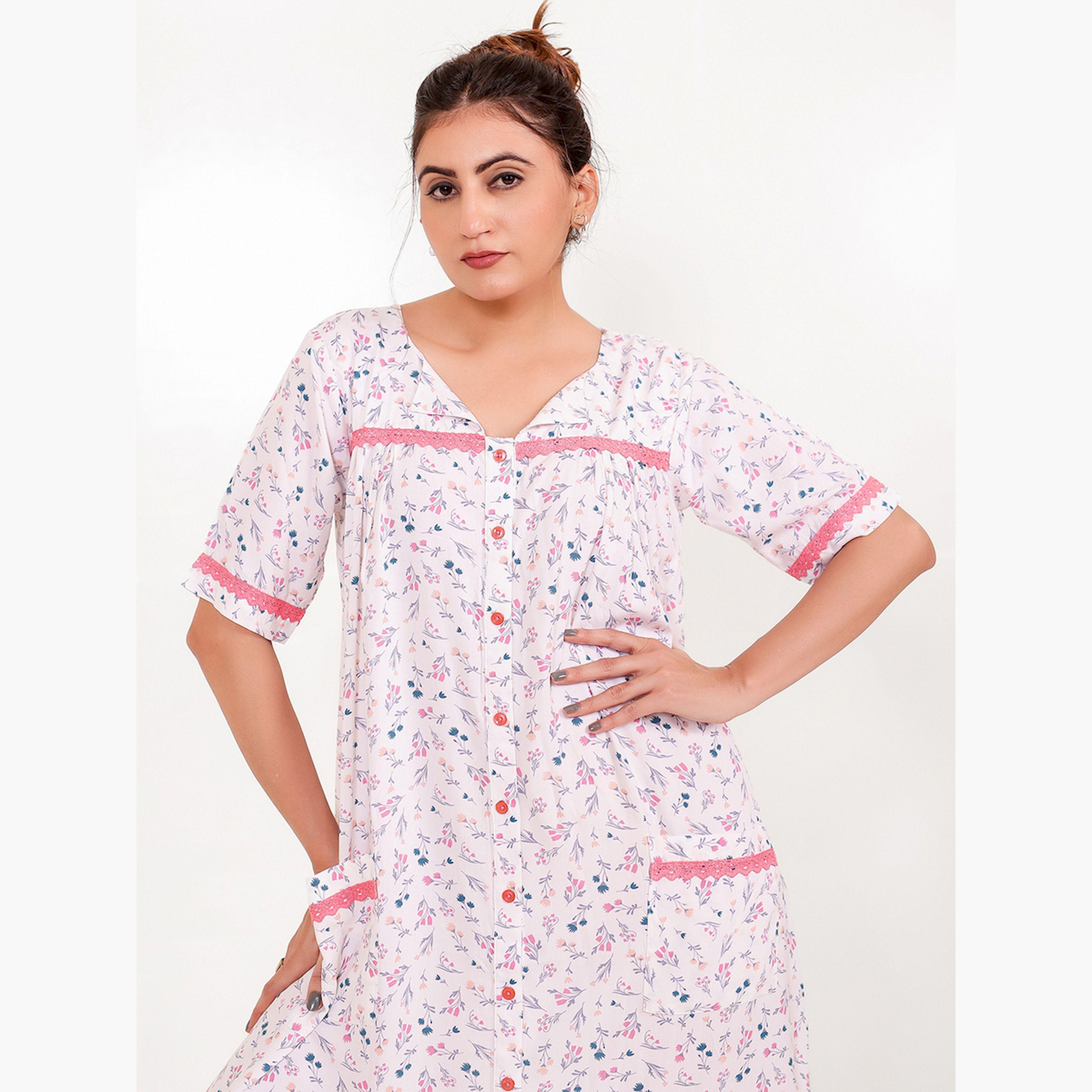 قميص نوم قطني لون سكري بنقشة الزهور-women-clothing-nightwear-nighties-image-3