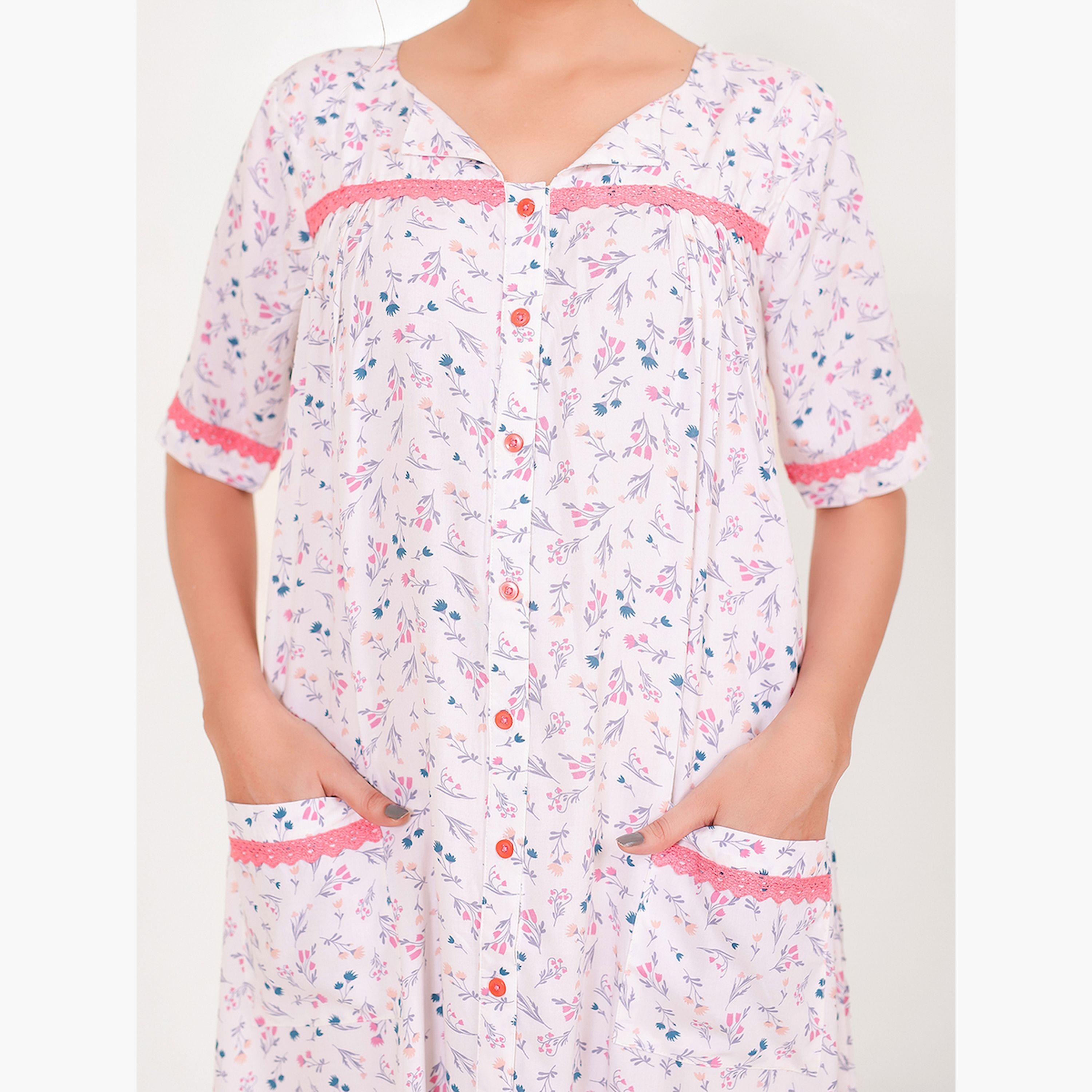 قميص نوم قطني لون سكري بنقشة الزهور-women-clothing-nightwear-nighties-image-5