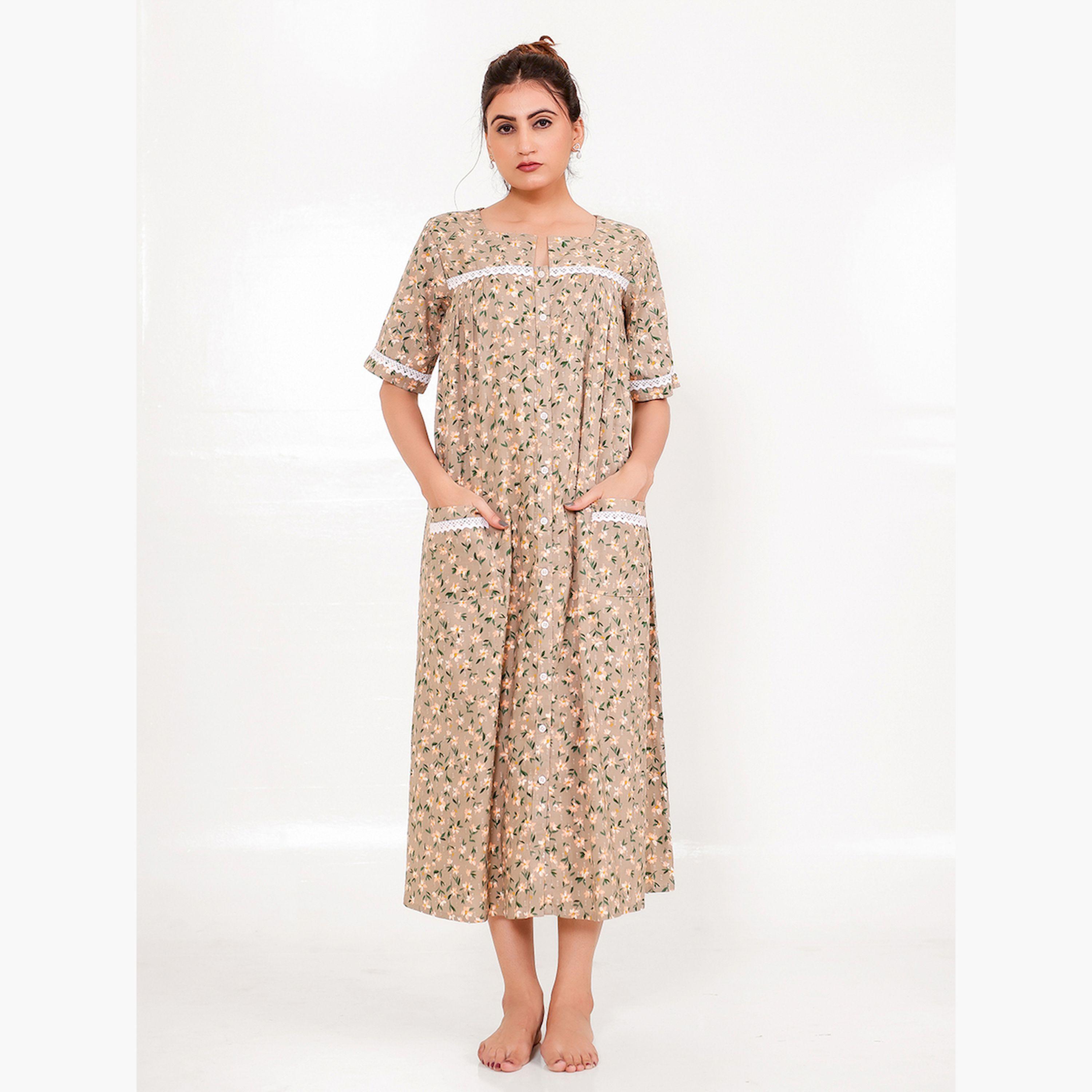 The Kaftan Company X Styli Beige Floral Print Short Sleeve Nightdress-women-clothing-nightwear-nighties-image-1