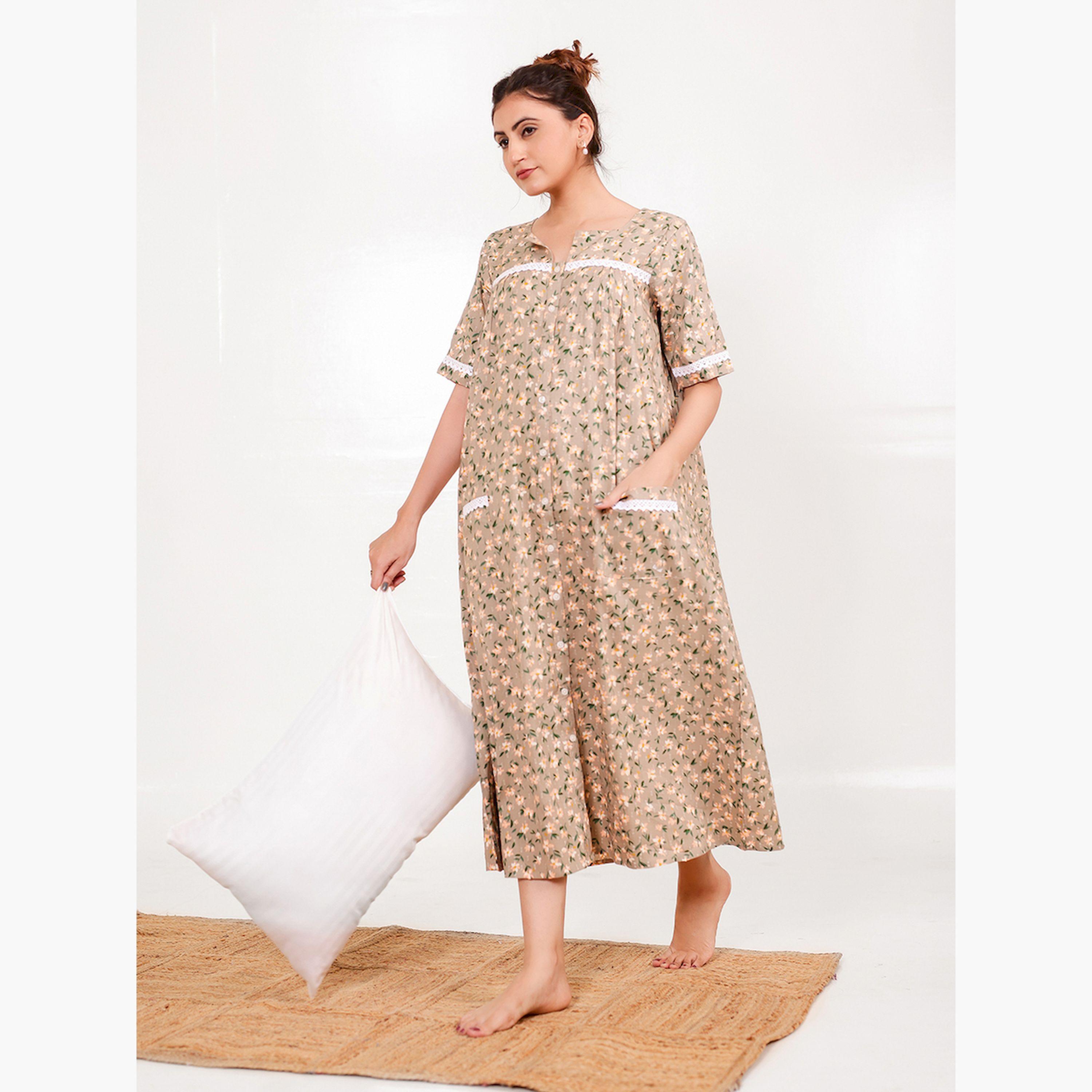 The Kaftan Company X Styli Beige Floral Print Short Sleeve Nightdress-women-clothing-nightwear-nighties-image-2