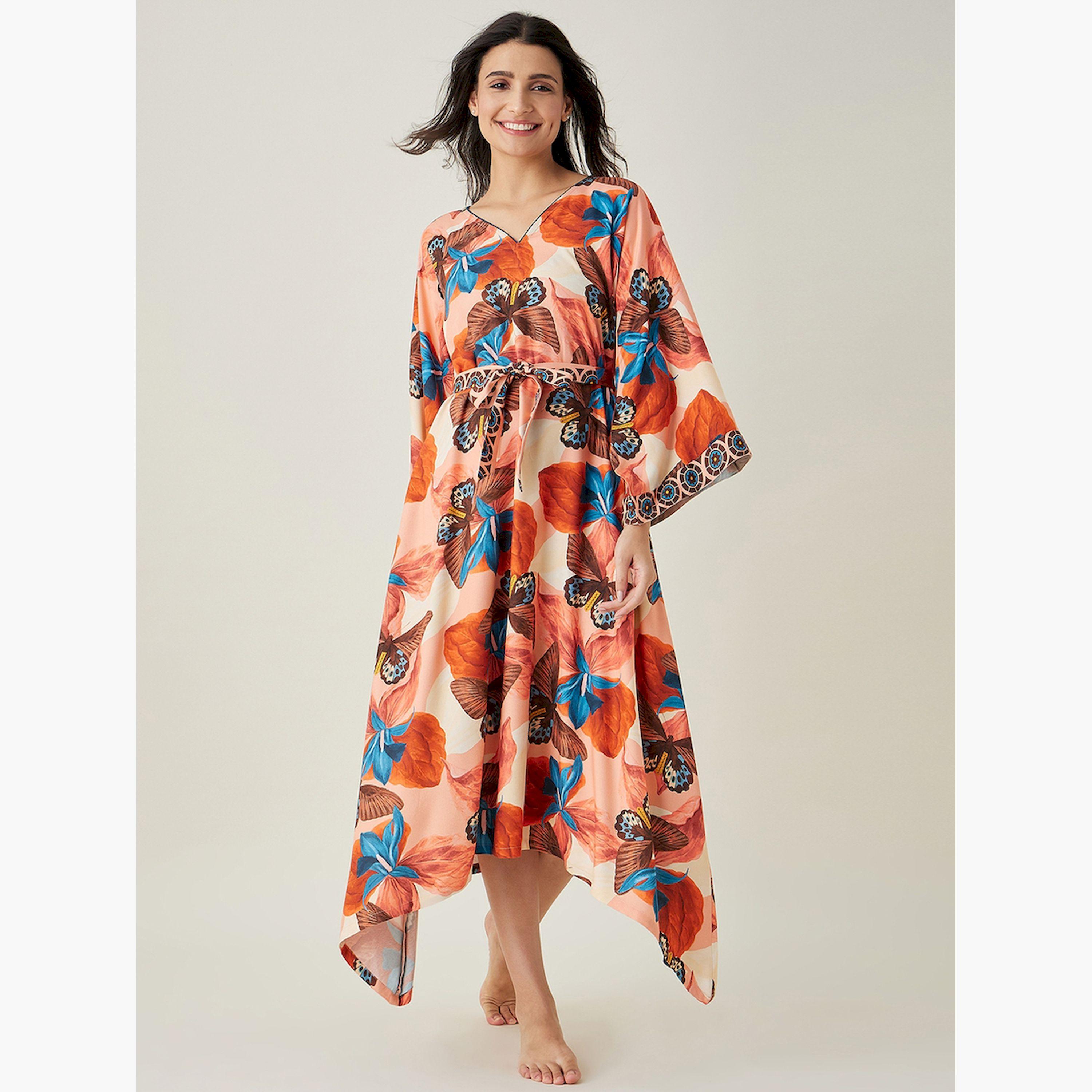 The Kaftan Company X Styli Butterfly Printed Waist Tie Kimono Nightdress-women-clothing-nightwear-nighties-image-1