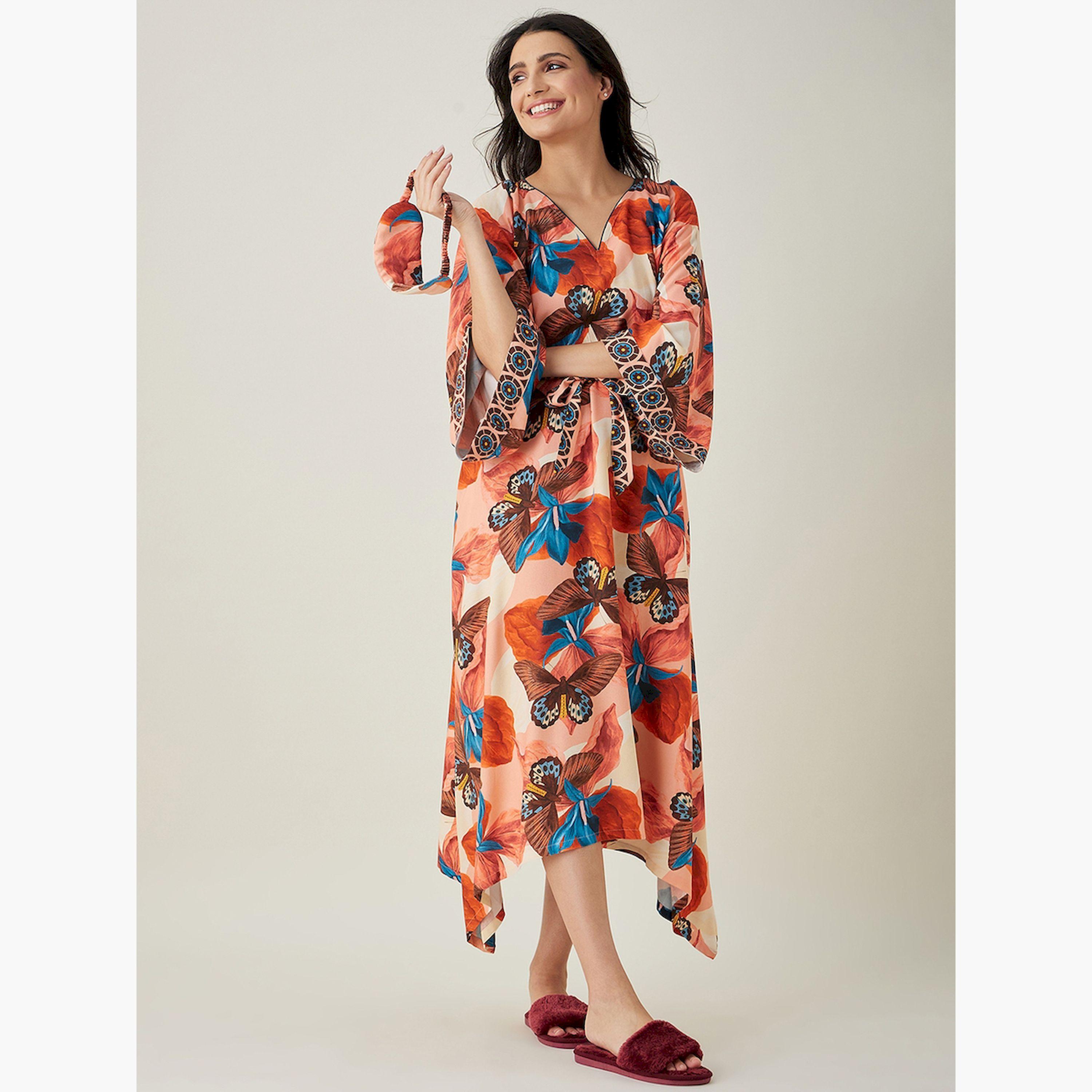 The Kaftan Company X Styli Butterfly Printed Waist Tie Kimono Nightdress-women-clothing-nightwear-nighties-image-2