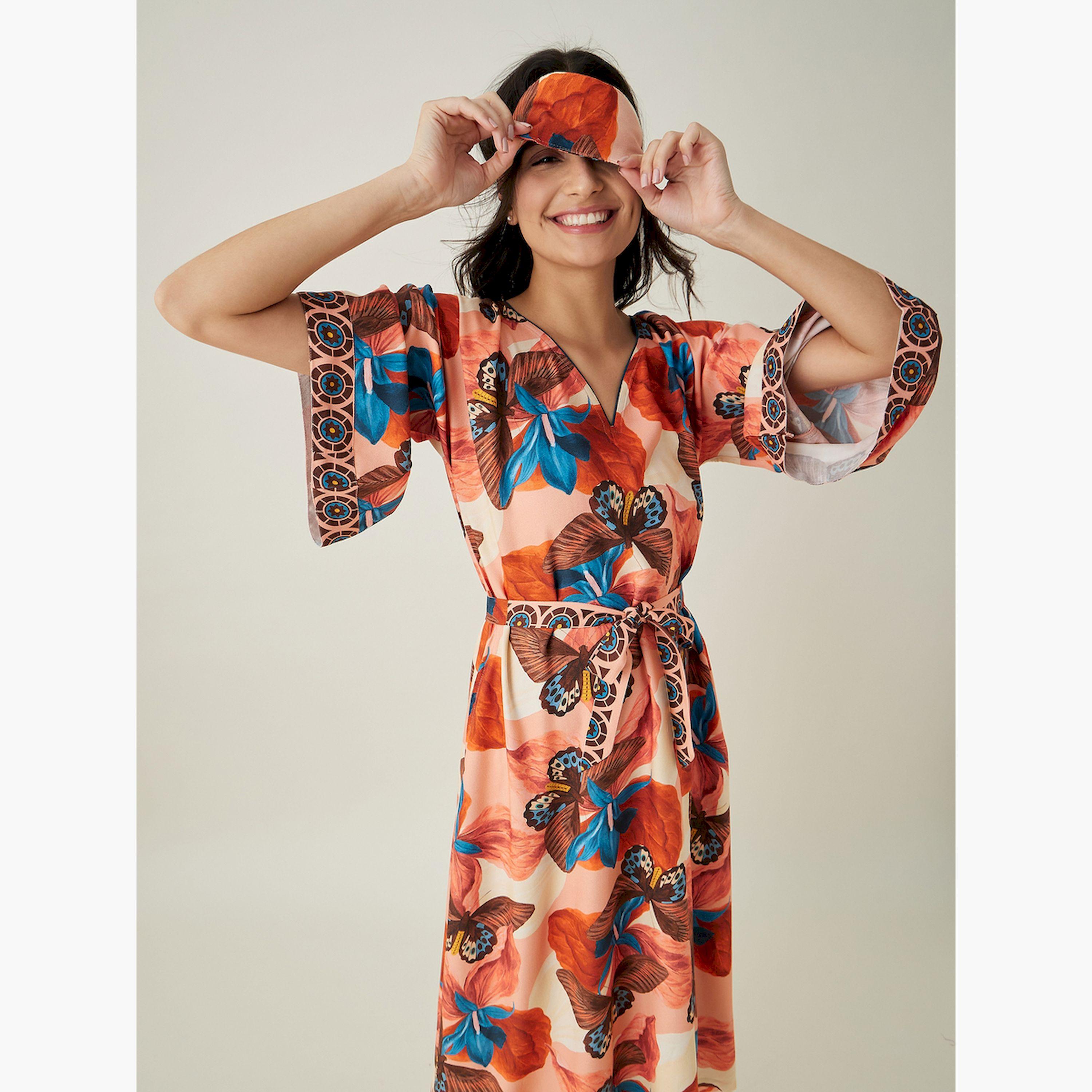The Kaftan Company X Styli Butterfly Printed Waist Tie Kimono Nightdress-women-clothing-nightwear-nighties-image-3