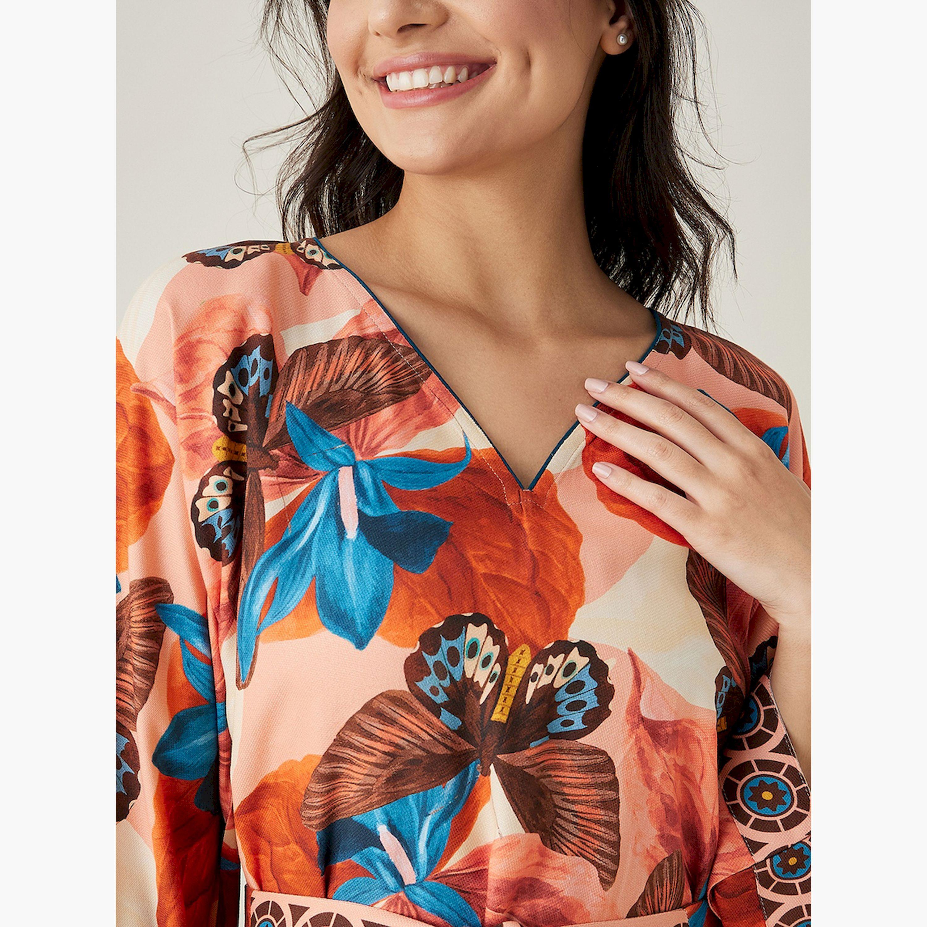 The Kaftan Company X Styli Butterfly Printed Waist Tie Kimono Nightdress-women-clothing-nightwear-nighties-image-5