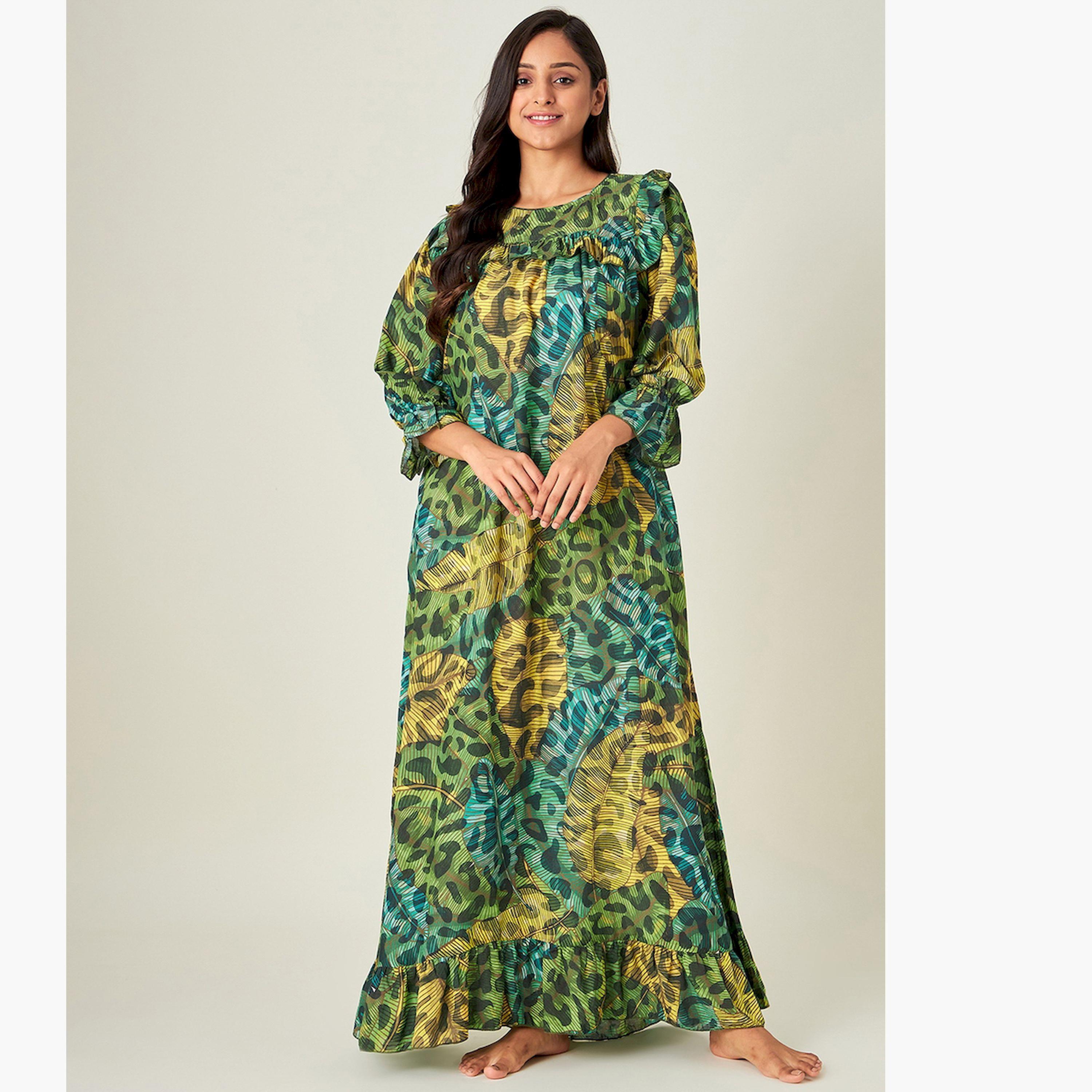 قميص نوم أخضر بنقشة جلد الحيوانات مع كشكشة-women-clothing-nightwear-nighties-image-1
