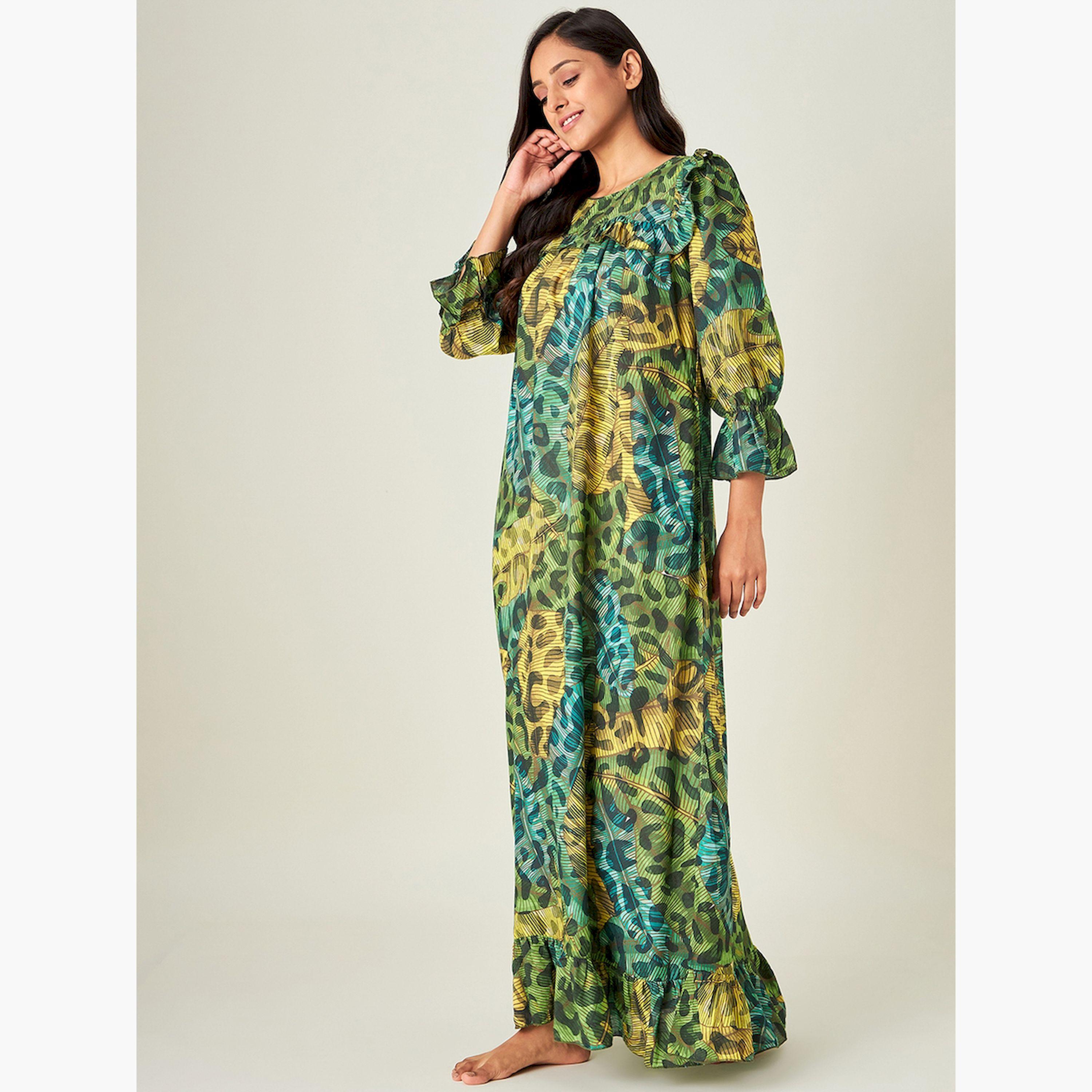 قميص نوم أخضر بنقشة جلد الحيوانات مع كشكشة-women-clothing-nightwear-nighties-image-2