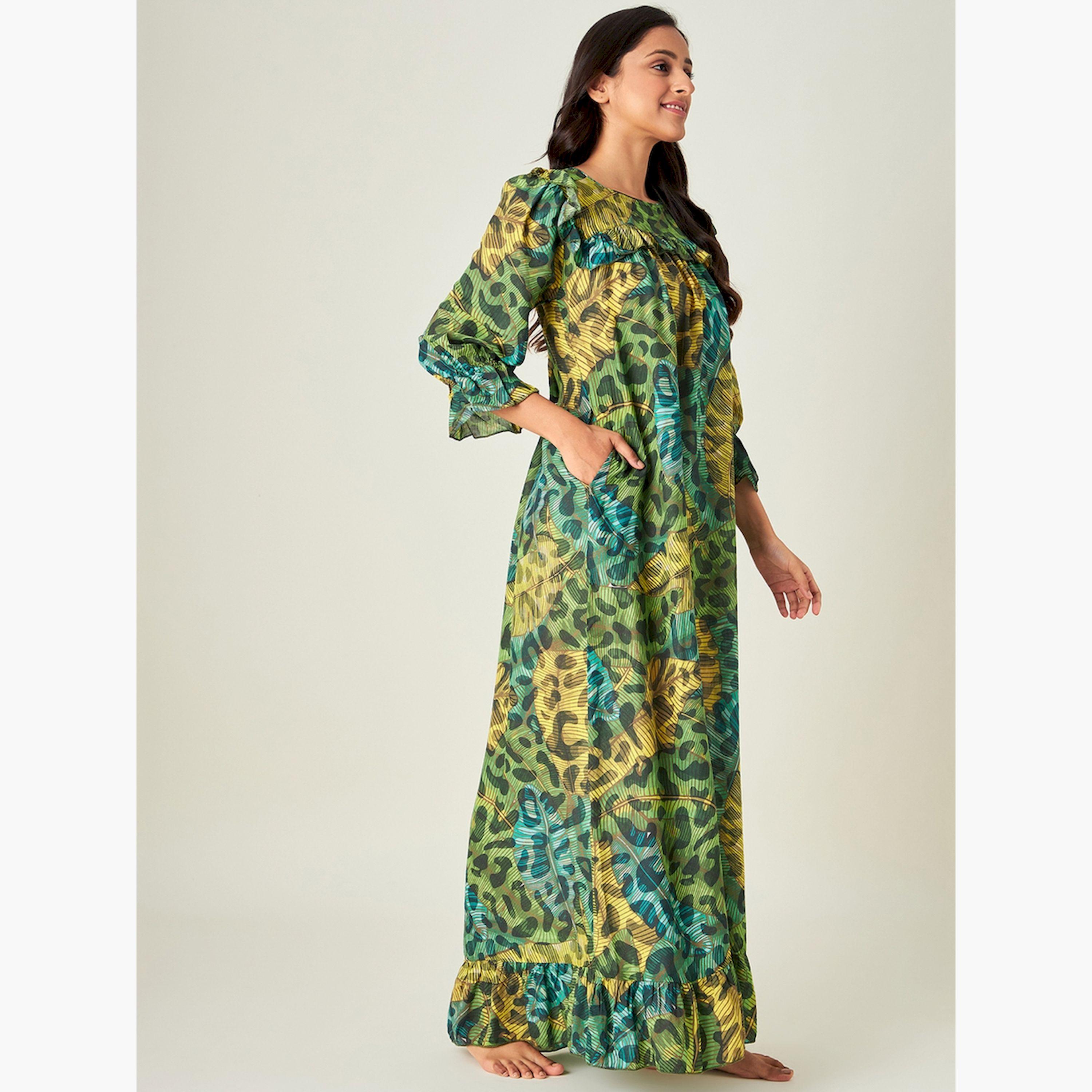 قميص نوم أخضر بنقشة جلد الحيوانات مع كشكشة-women-clothing-nightwear-nighties-image-3