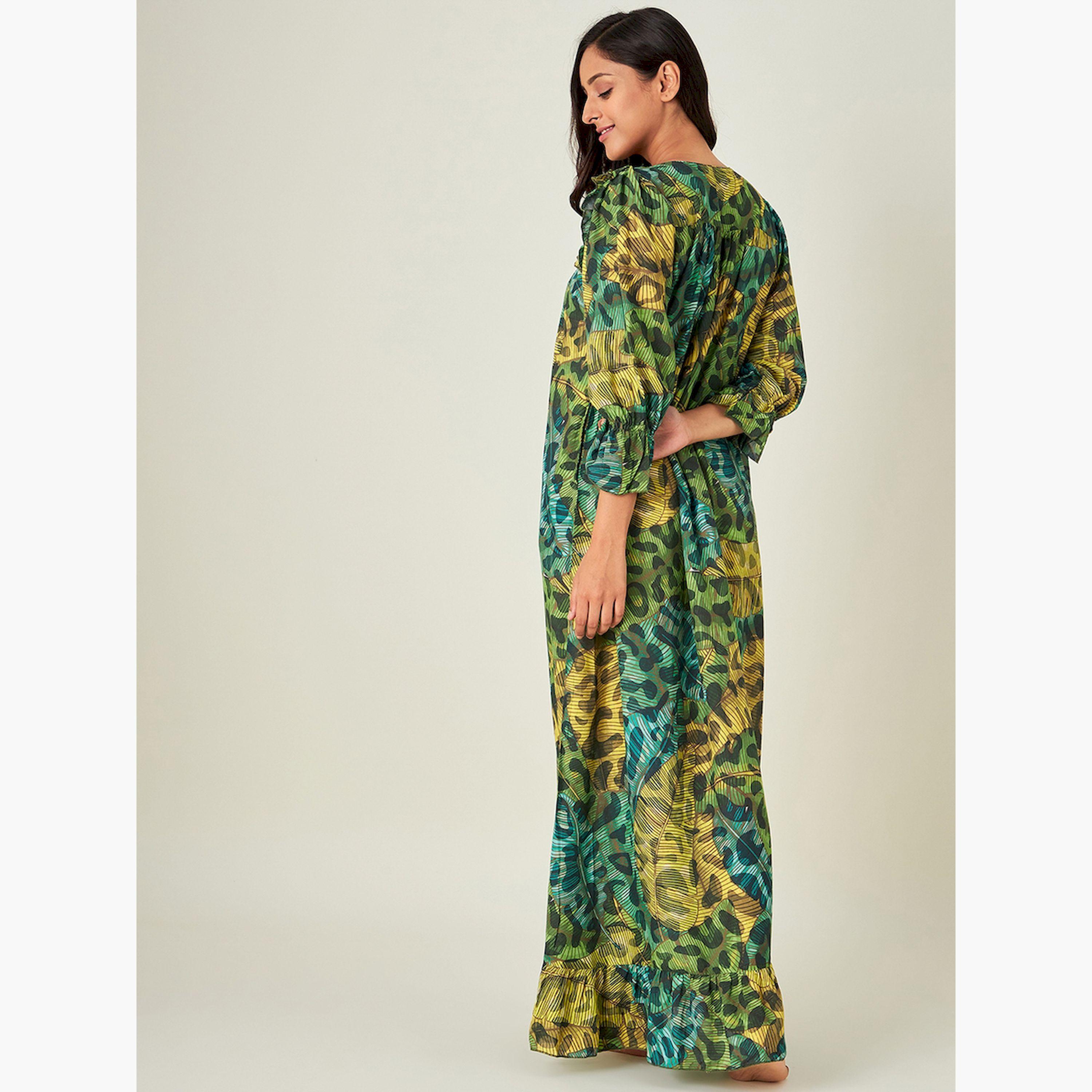 قميص نوم أخضر بنقشة جلد الحيوانات مع كشكشة-women-clothing-nightwear-nighties-image-4