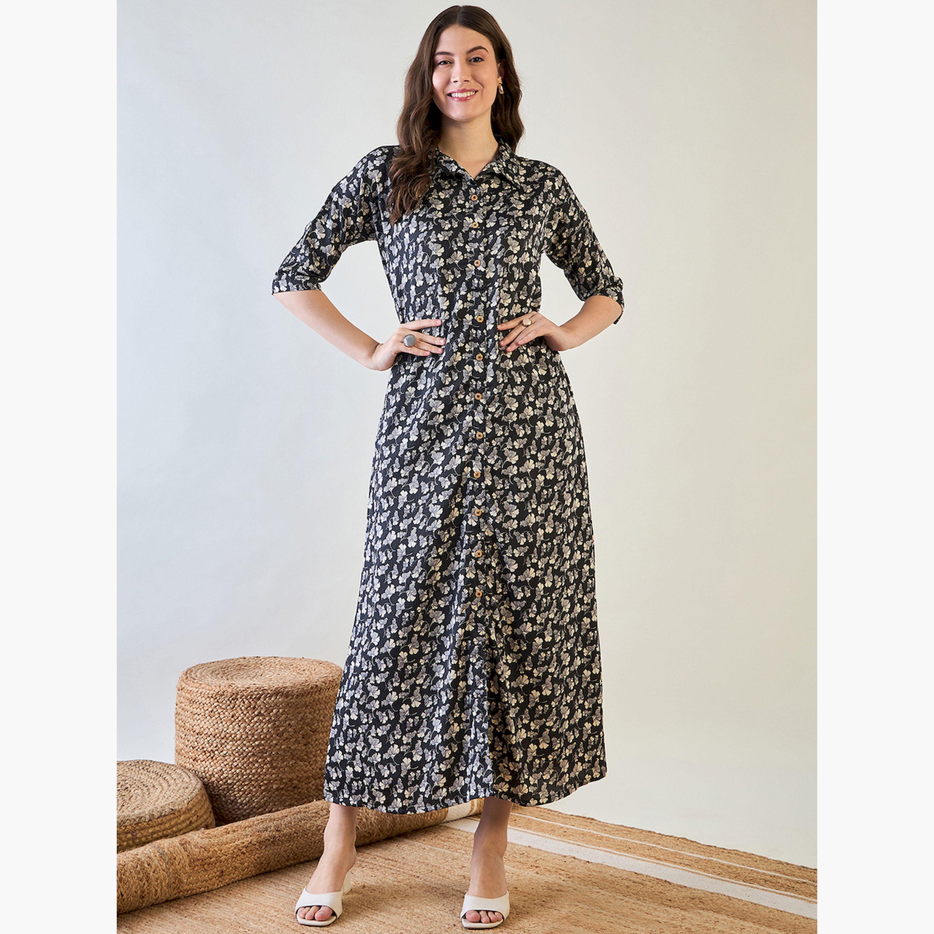 قميص نوم أسود بنقشة الزهور وأزرار أمامية-women-clothing-nightwear-nighties-image-1