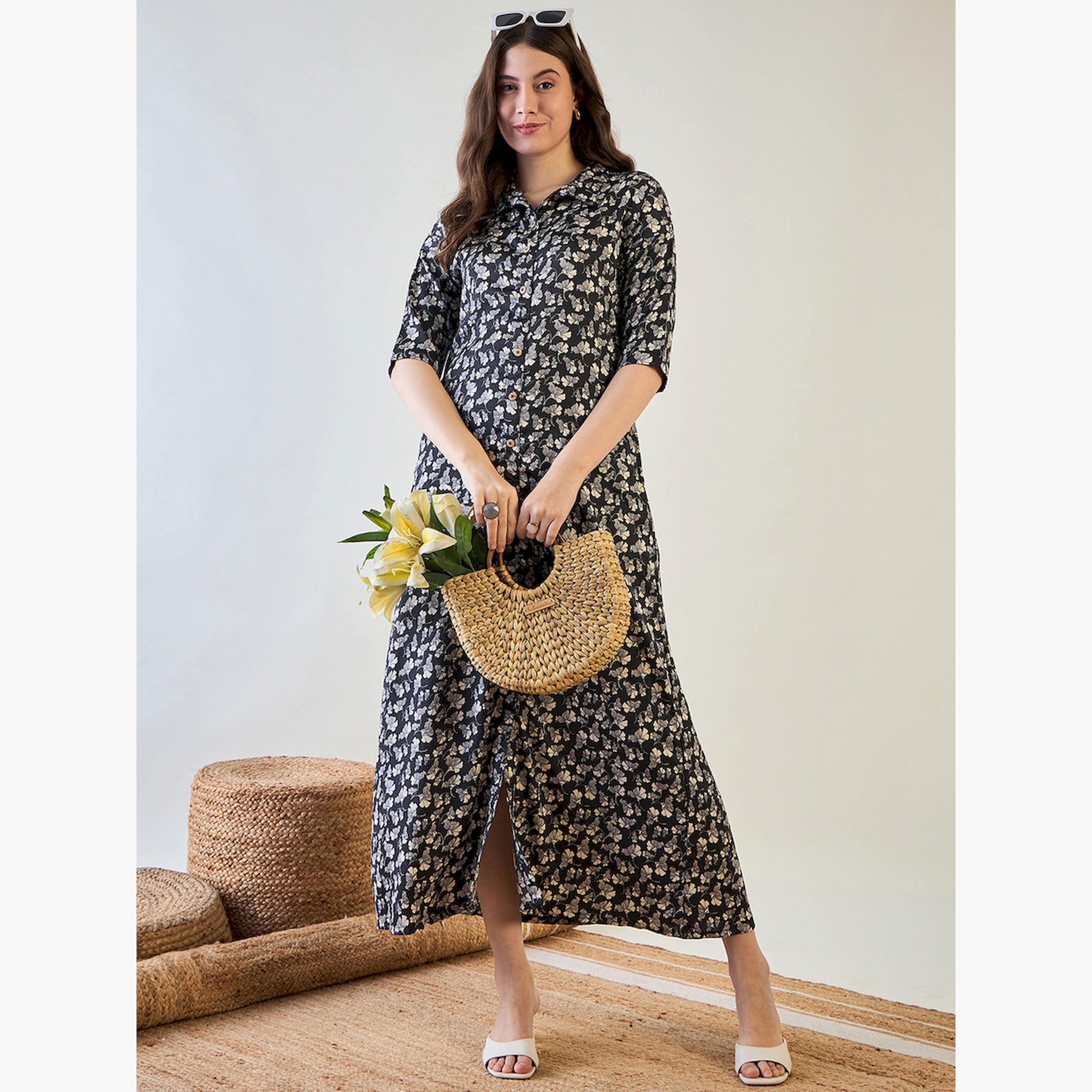 The Kaftan Company X Styli Black Floral Printed Button Down Nightdress-women-clothing-nightwear-nighties-image-2