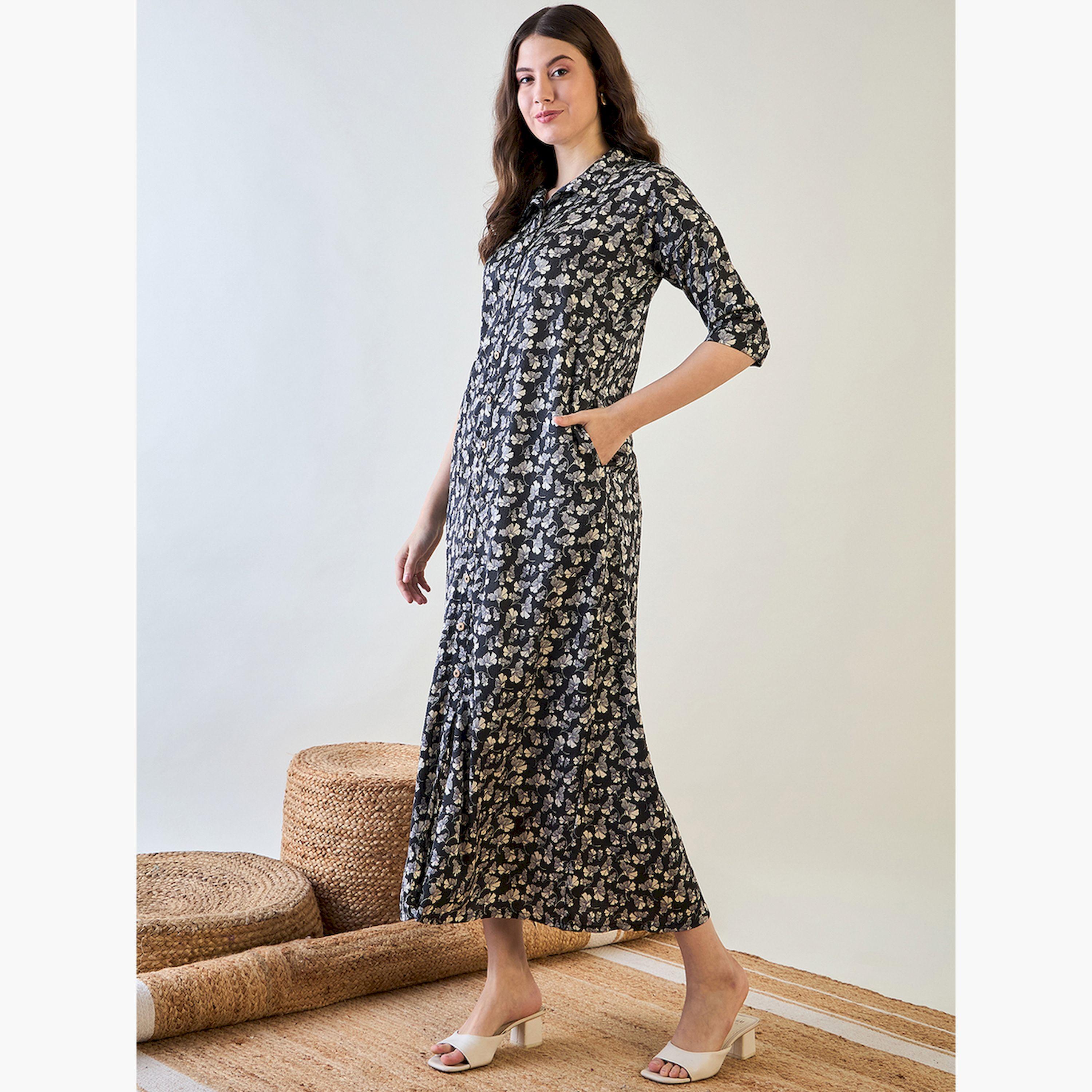 The Kaftan Company X Styli Black Floral Printed Button Down Nightdress-women-clothing-nightwear-nighties-image-3