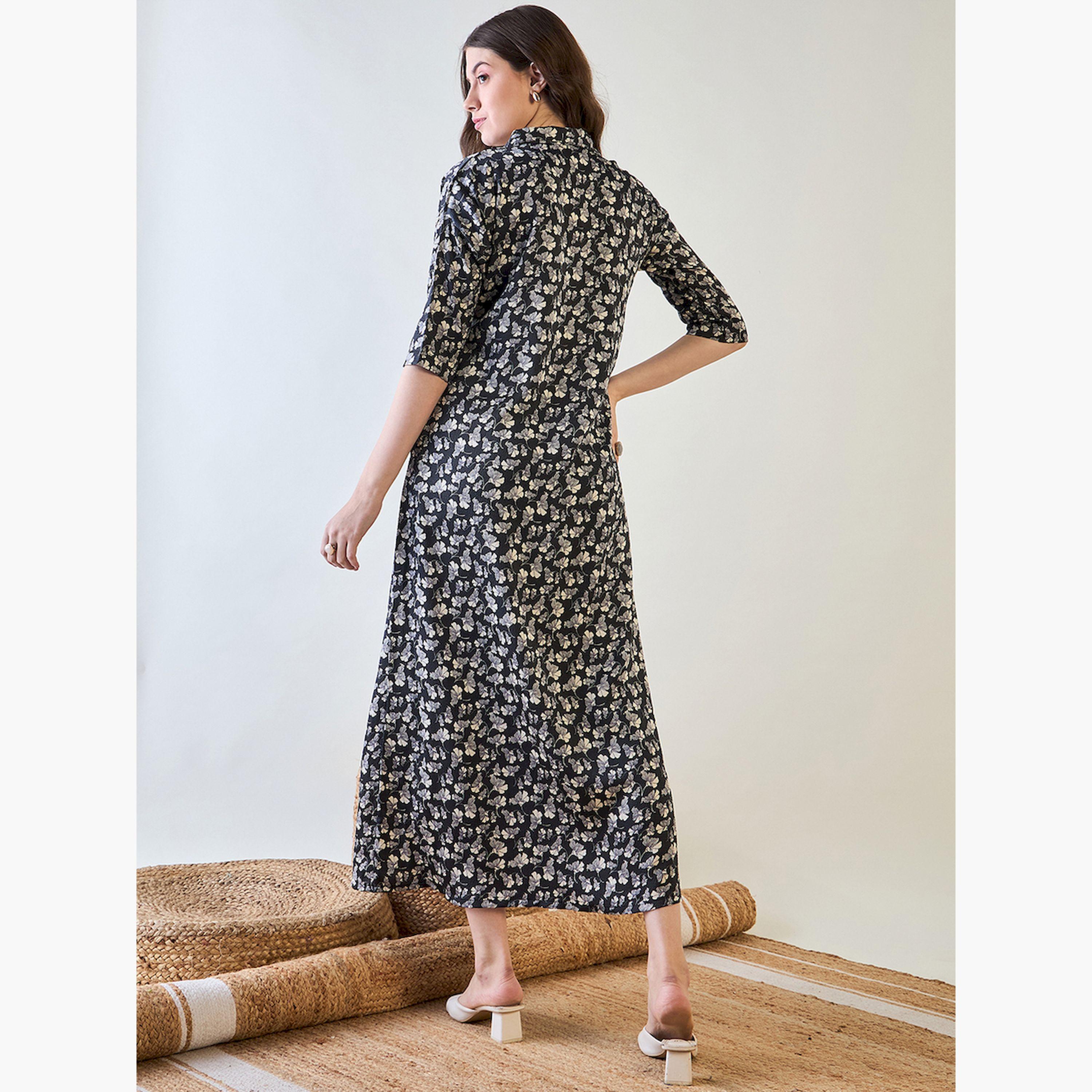 The Kaftan Company X Styli Black Floral Printed Button Down Nightdress-women-clothing-nightwear-nighties-image-4