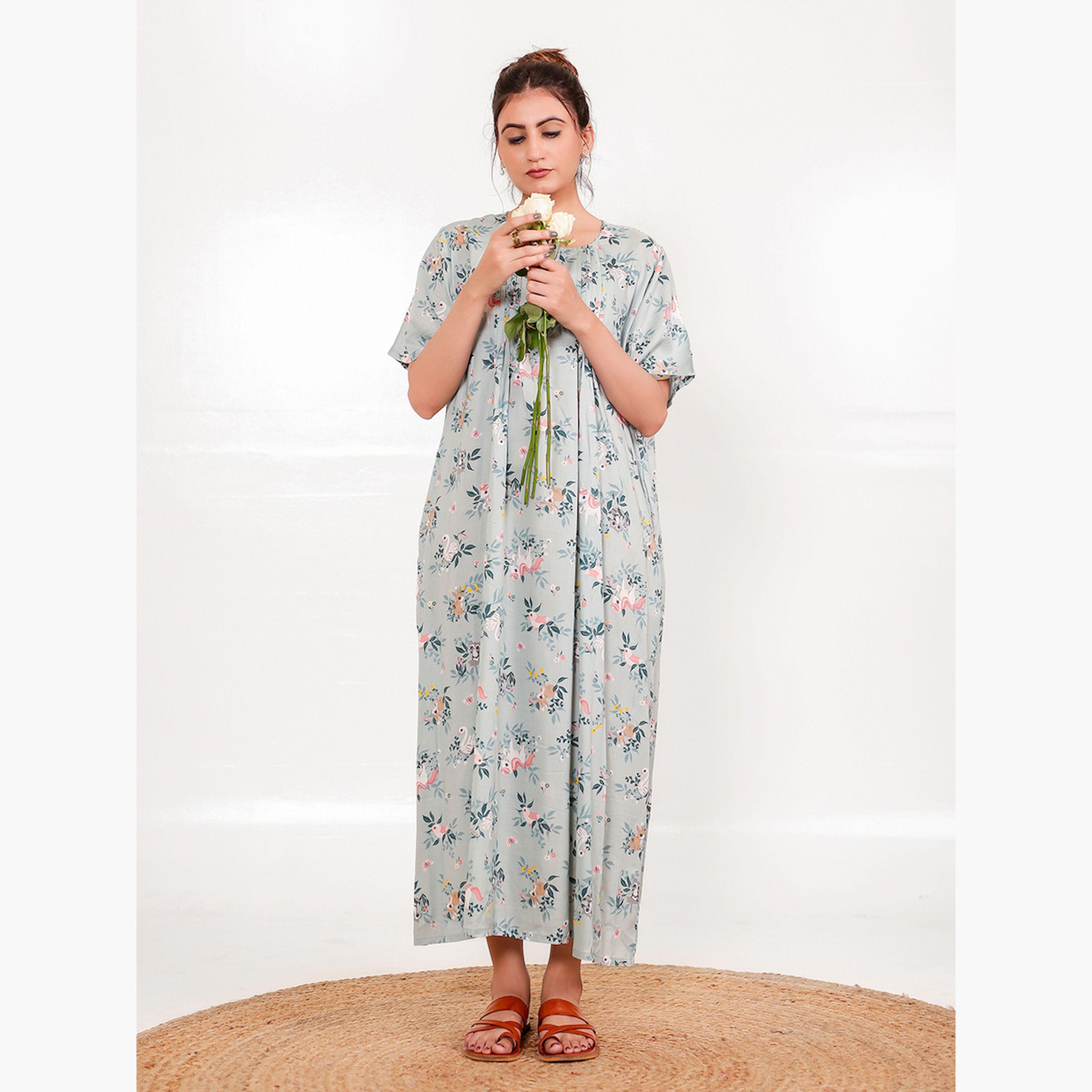 The Kaftan Company X Styli Grey Floral Printed Short Sleeve Nightdress-women-clothing-nightwear-nighties-image-2