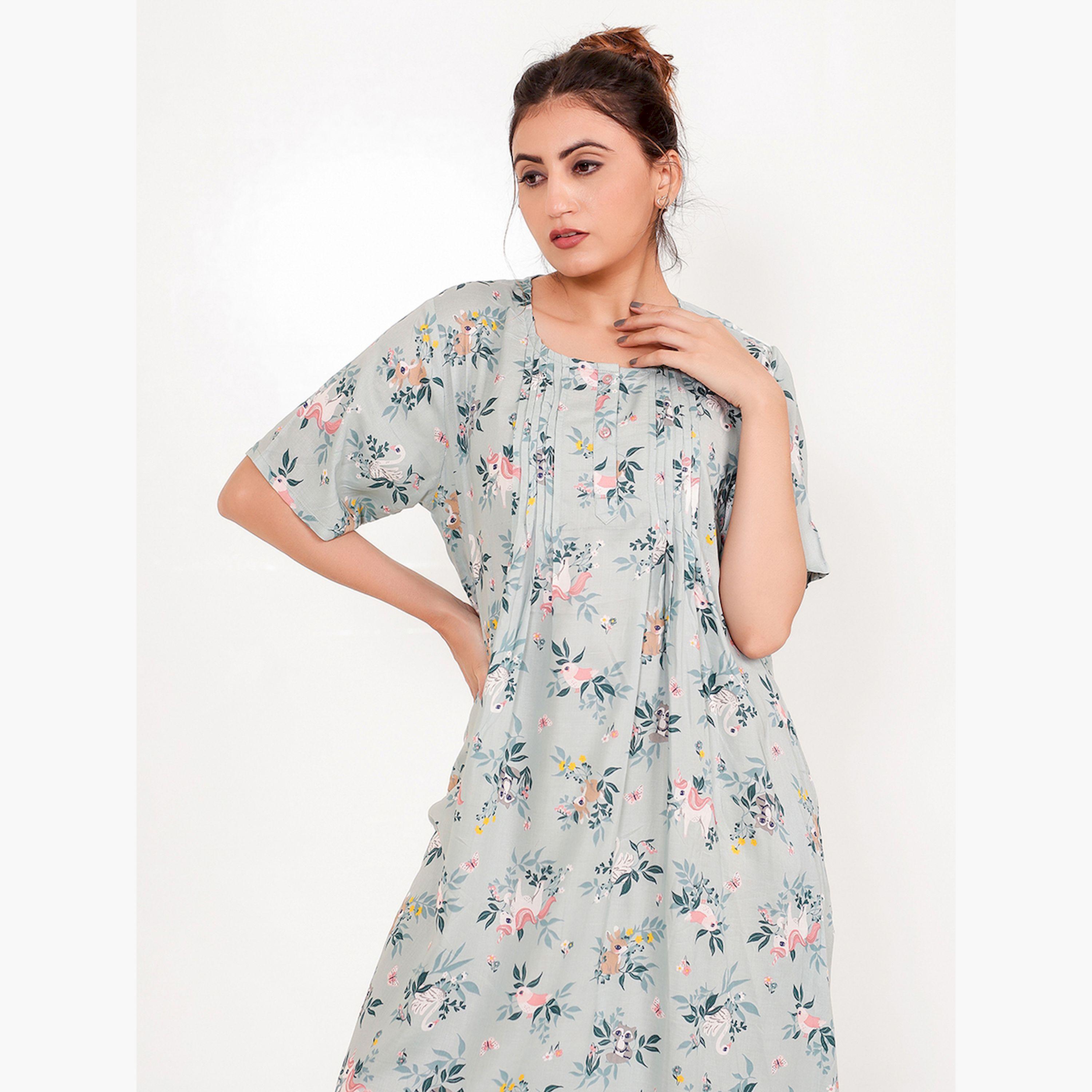 The Kaftan Company X Styli Grey Floral Printed Short Sleeve Nightdress-women-clothing-nightwear-nighties-image-3