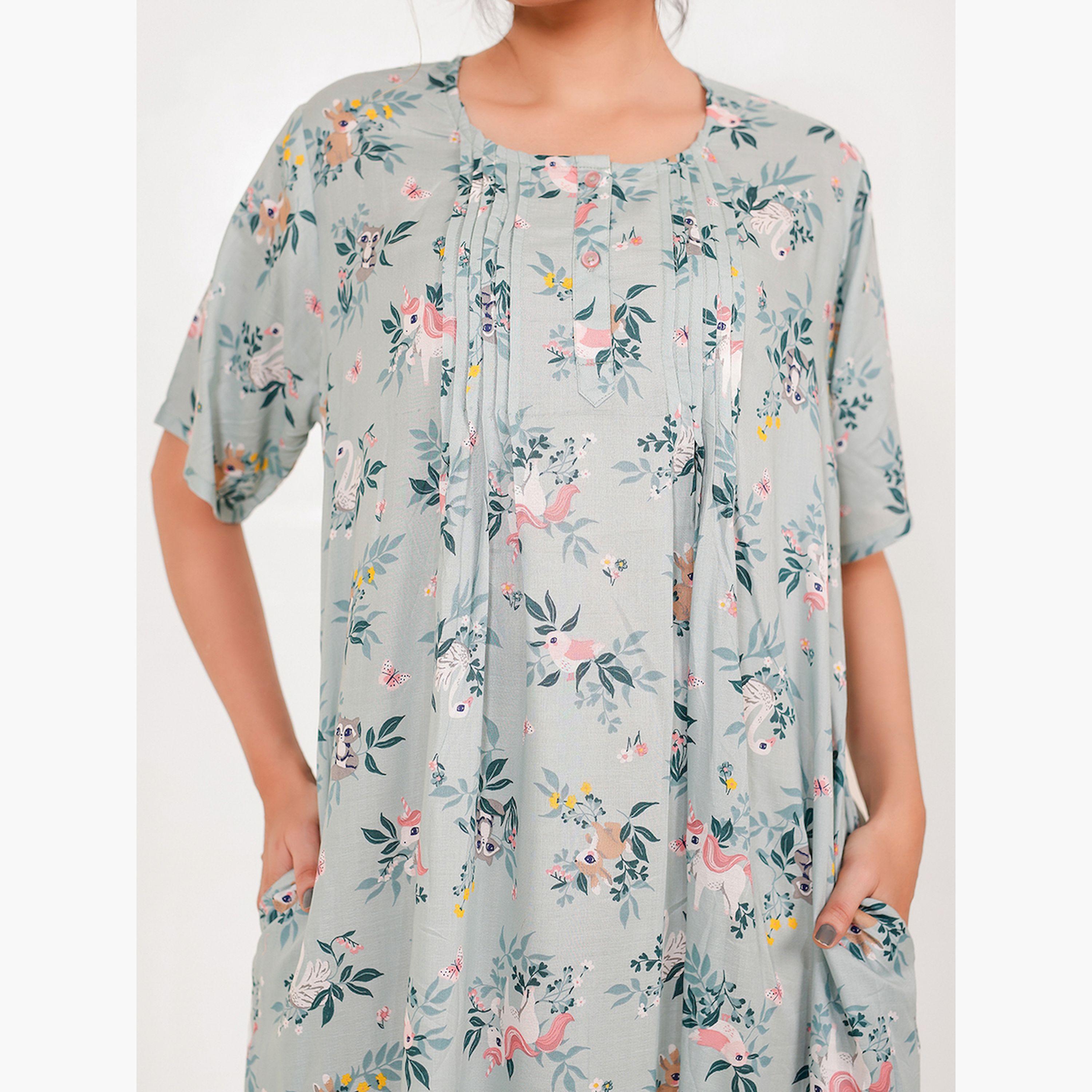 The Kaftan Company X Styli Grey Floral Printed Short Sleeve Nightdress-women-clothing-nightwear-nighties-image-5