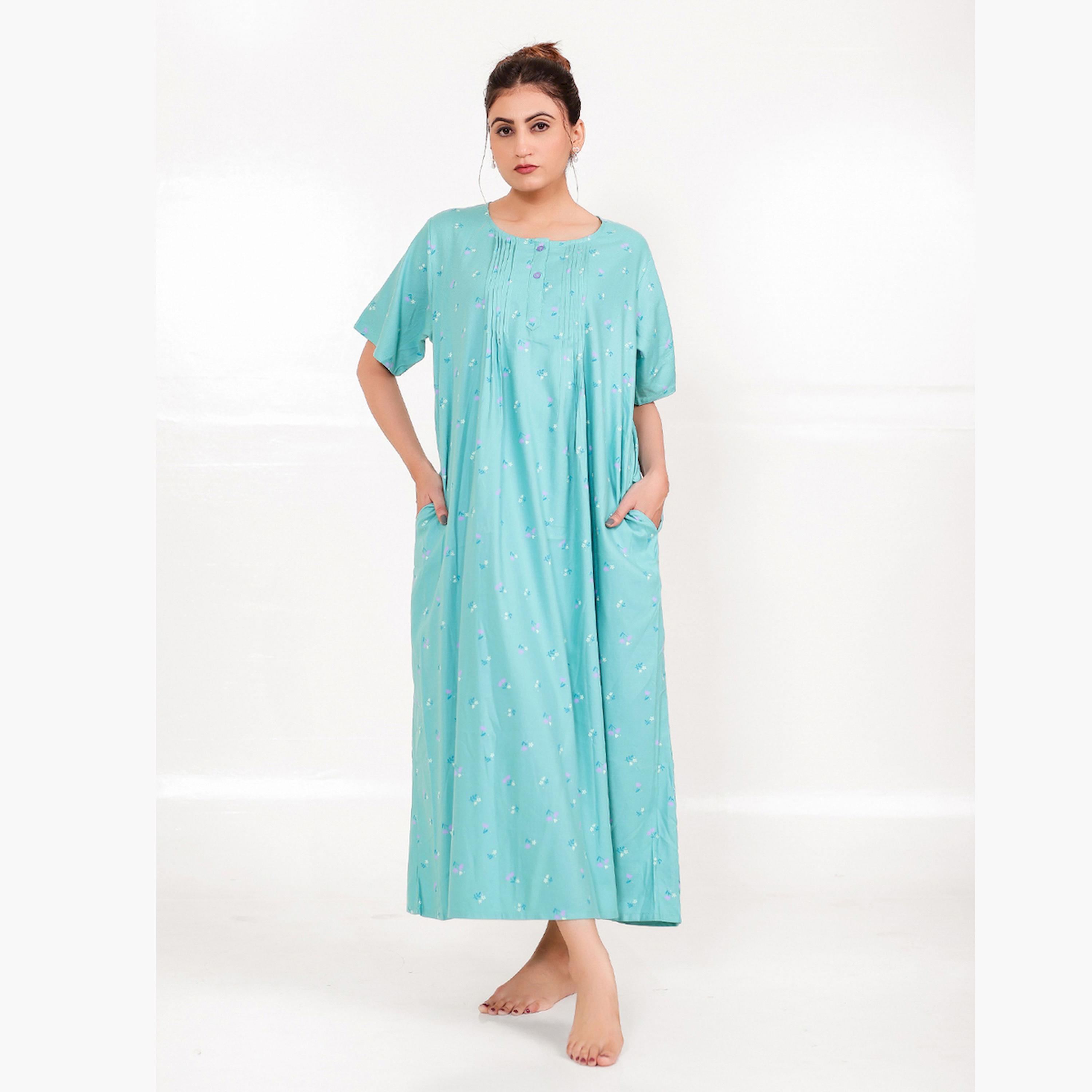 قميص نوم لون تركواز بنقشة الزهور وأكمام قصيرة-women-clothing-nightwear-nighties-image-1