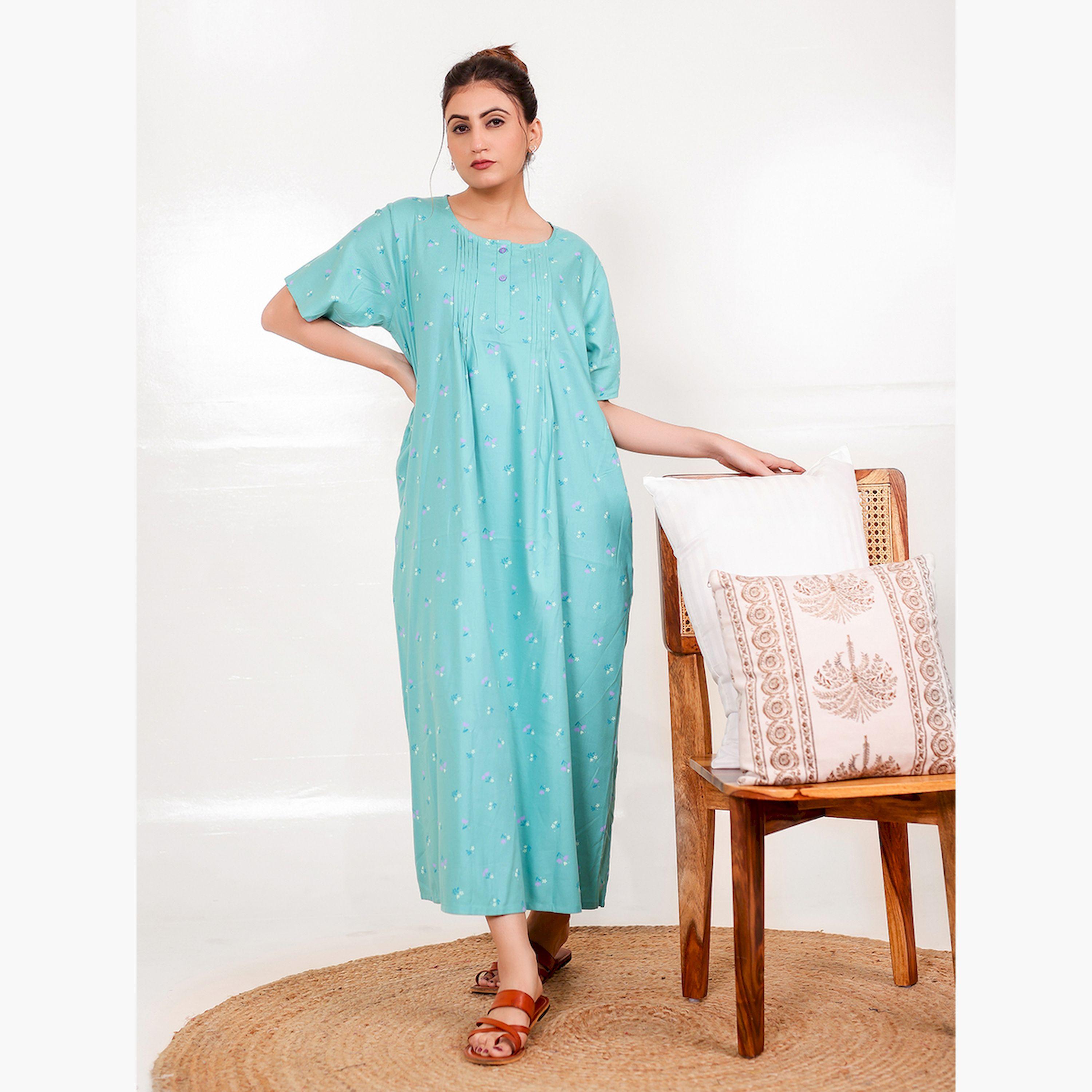 قميص نوم لون تركواز بنقشة الزهور وأكمام قصيرة-women-clothing-nightwear-nighties-image-2