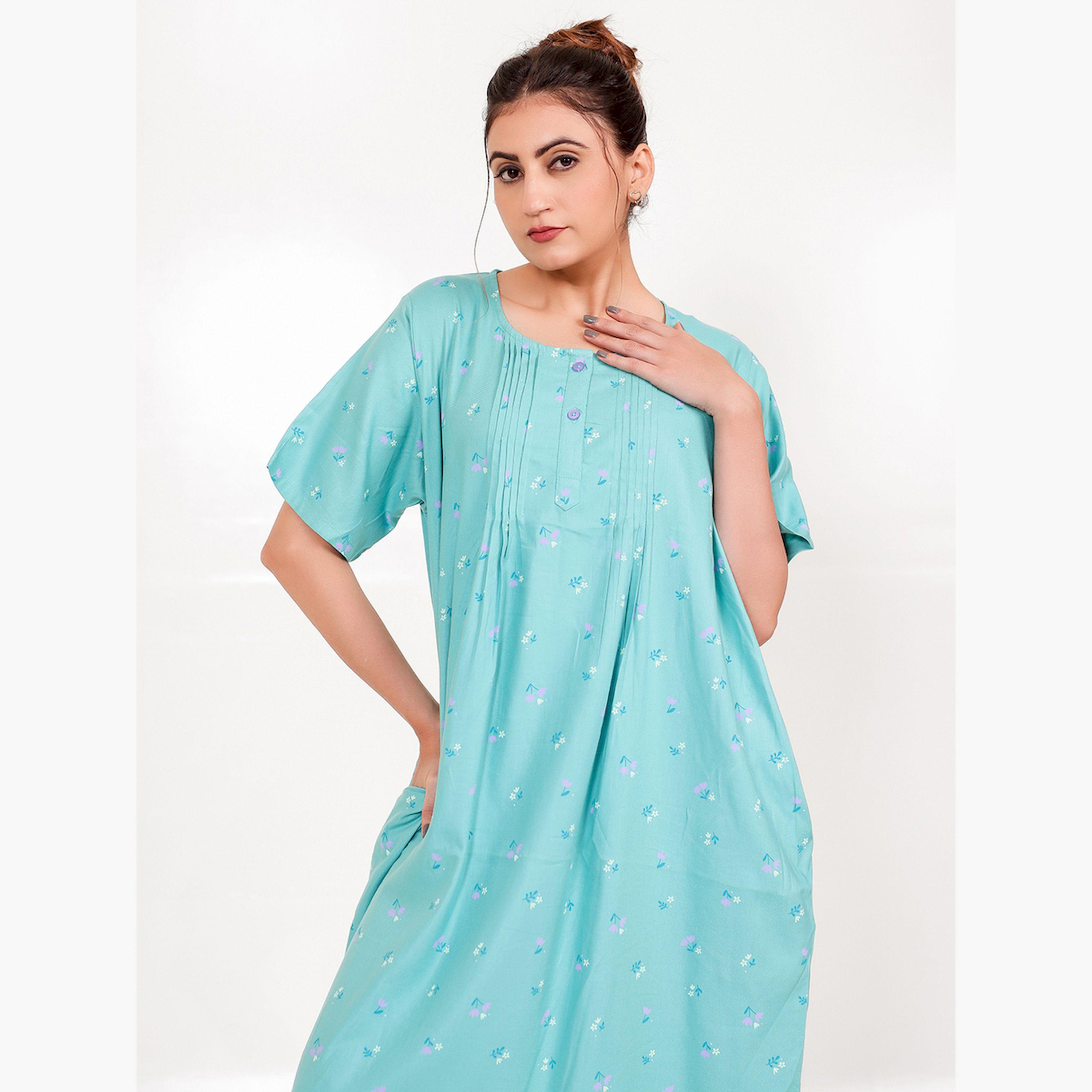 قميص نوم لون تركواز بنقشة الزهور وأكمام قصيرة-women-clothing-nightwear-nighties-image-3