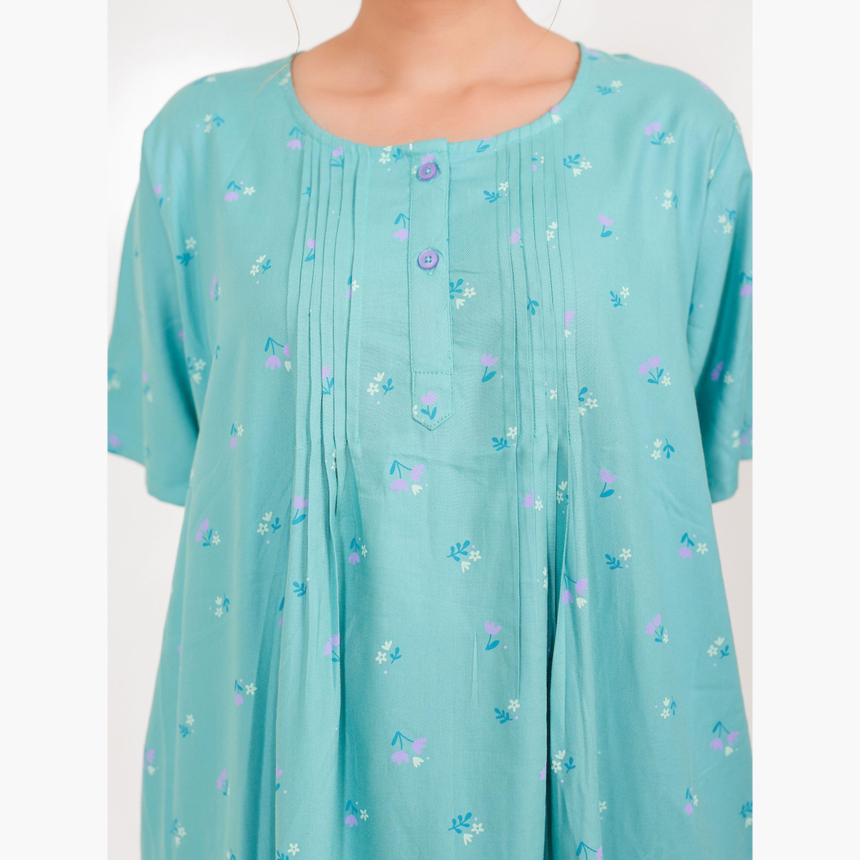 قميص نوم لون تركواز بنقشة الزهور وأكمام قصيرة-women-clothing-nightwear-nighties-image-5