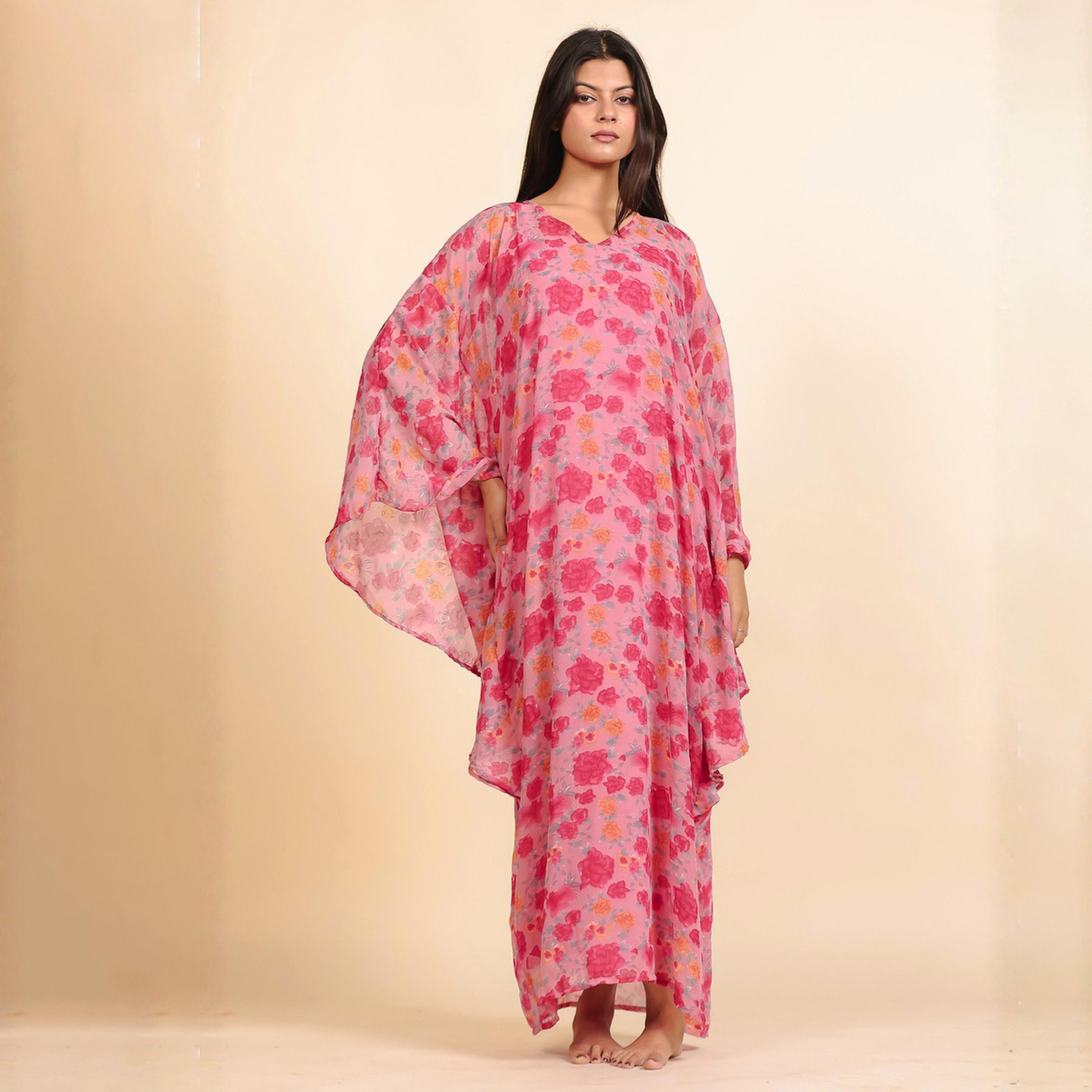The Kaftan Company X Styli Pink Floral Georgette Kaftan Dress with Inner Slip-women-clothing-nightwear-nighties-image-1