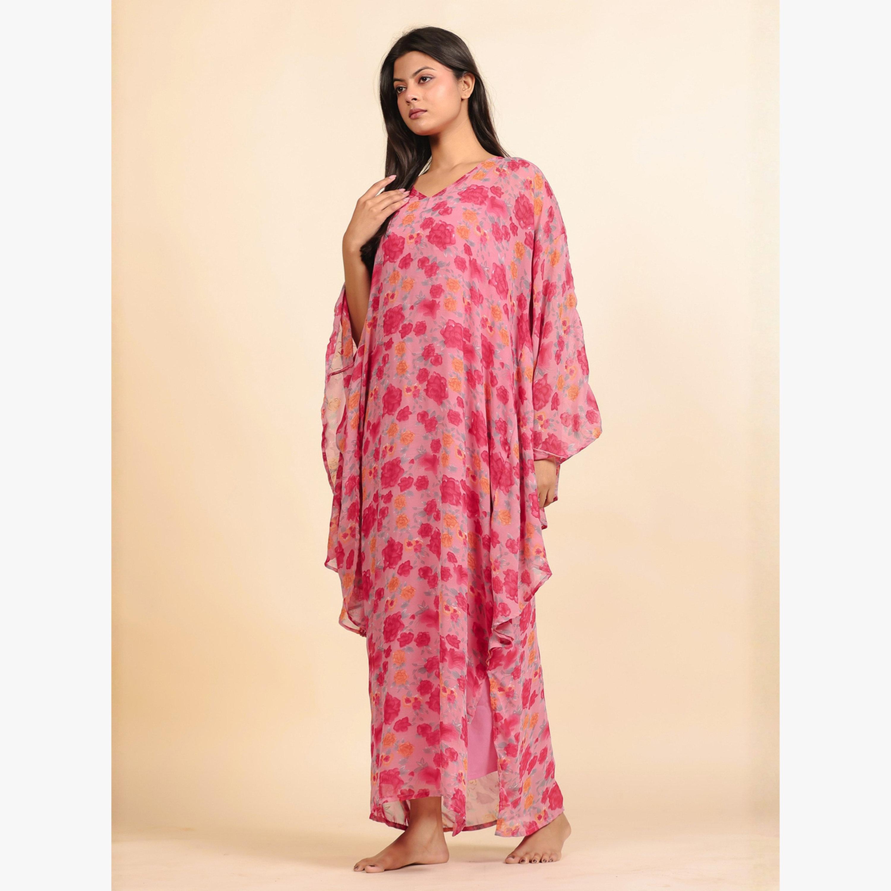 The Kaftan Company X Styli Pink Floral Georgette Kaftan Dress with Inner Slip-women-clothing-nightwear-nighties-image-2