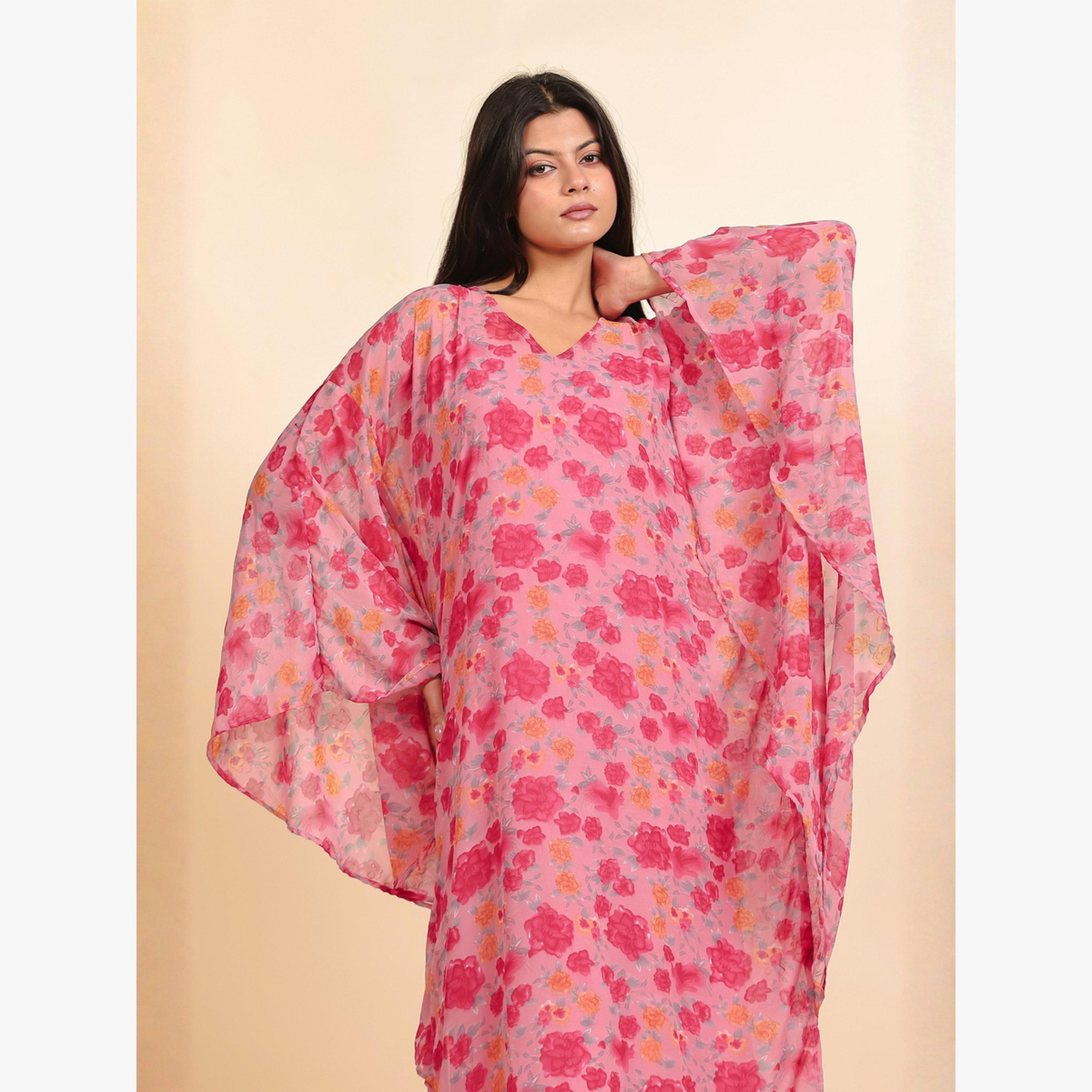 The Kaftan Company X Styli Pink Floral Georgette Kaftan Dress with Inner Slip-women-clothing-nightwear-nighties-image-3