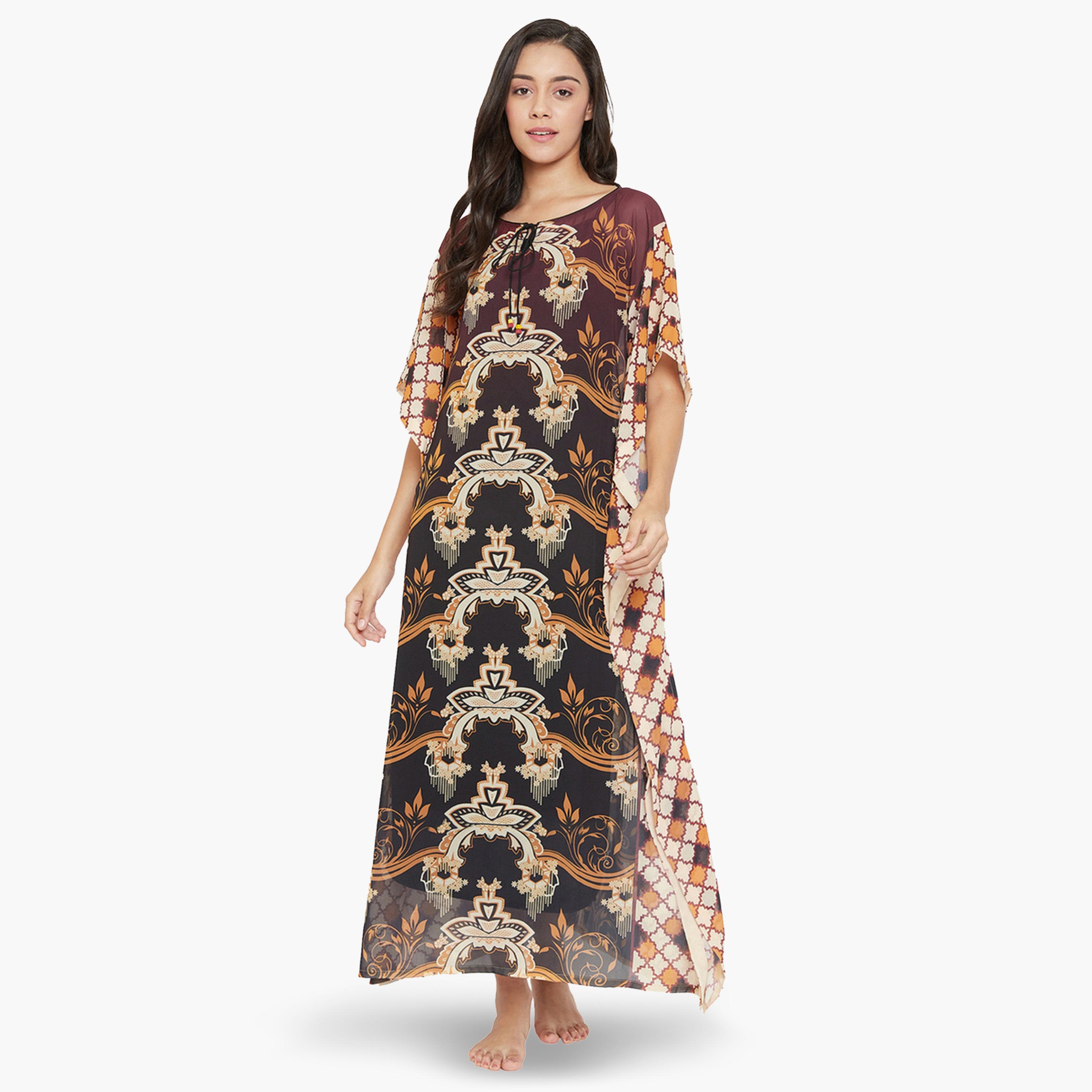 The Kaftan Company X Styli Brown Georgette Printed Kaftan Dress with Inner Slip-women-clothing-nightwear-nighties-image-1