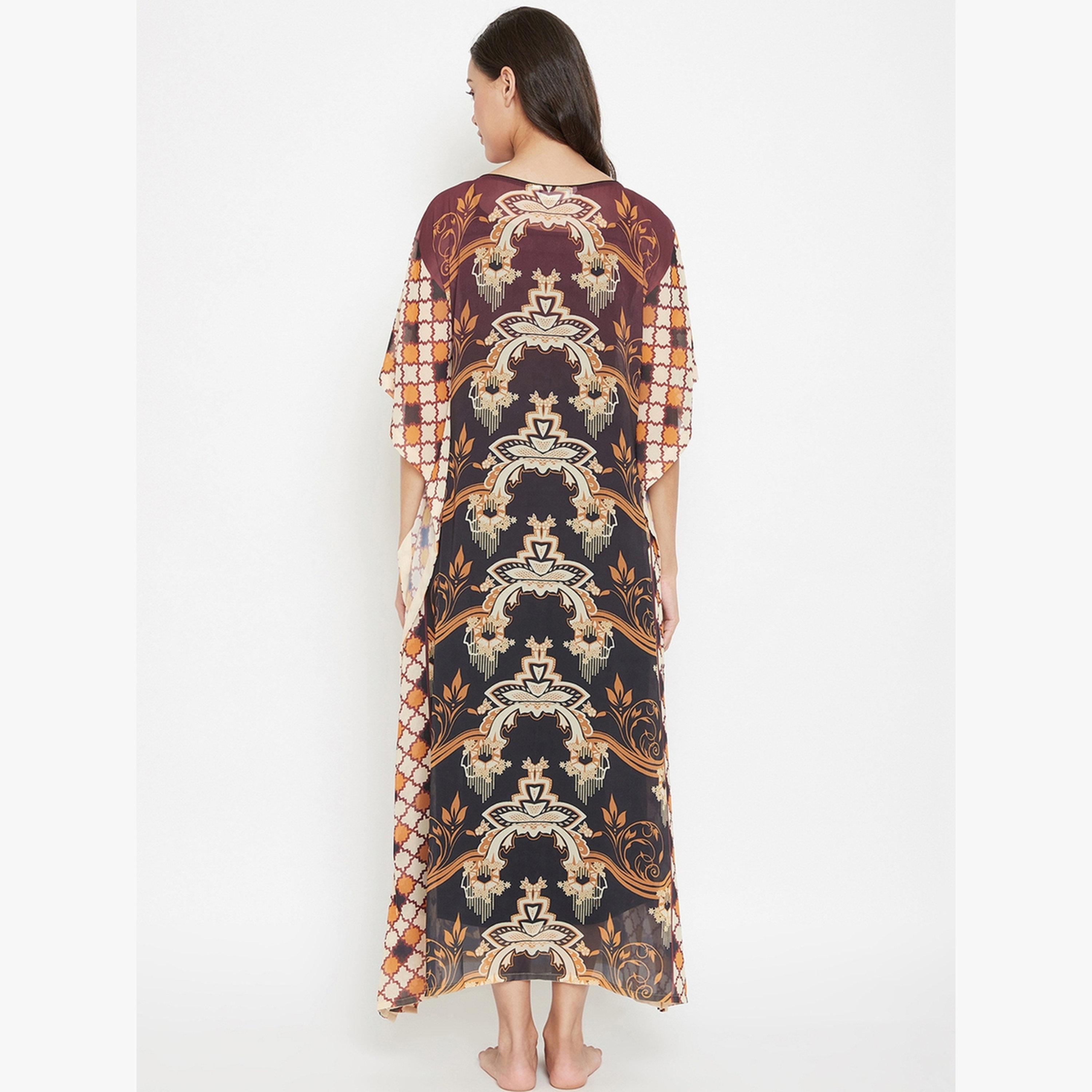 The Kaftan Company X Styli Brown Georgette Printed Kaftan Dress with Inner Slip-women-clothing-nightwear-nighties-image-4