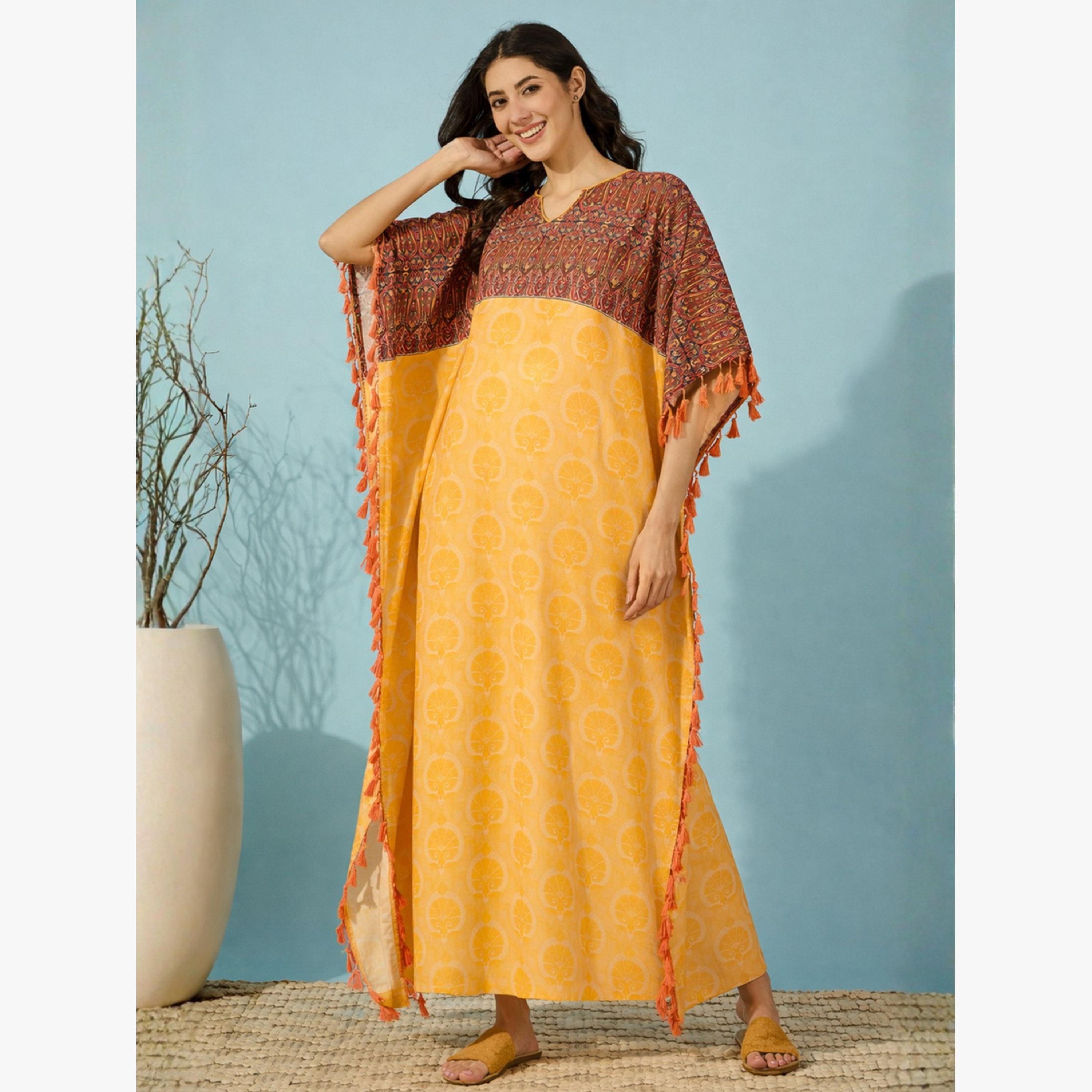 The Kaftan Company X Styli Yellow Paisley Print Kaftan with Tassel Trim-women-clothing-nightwear-nighties-image-2