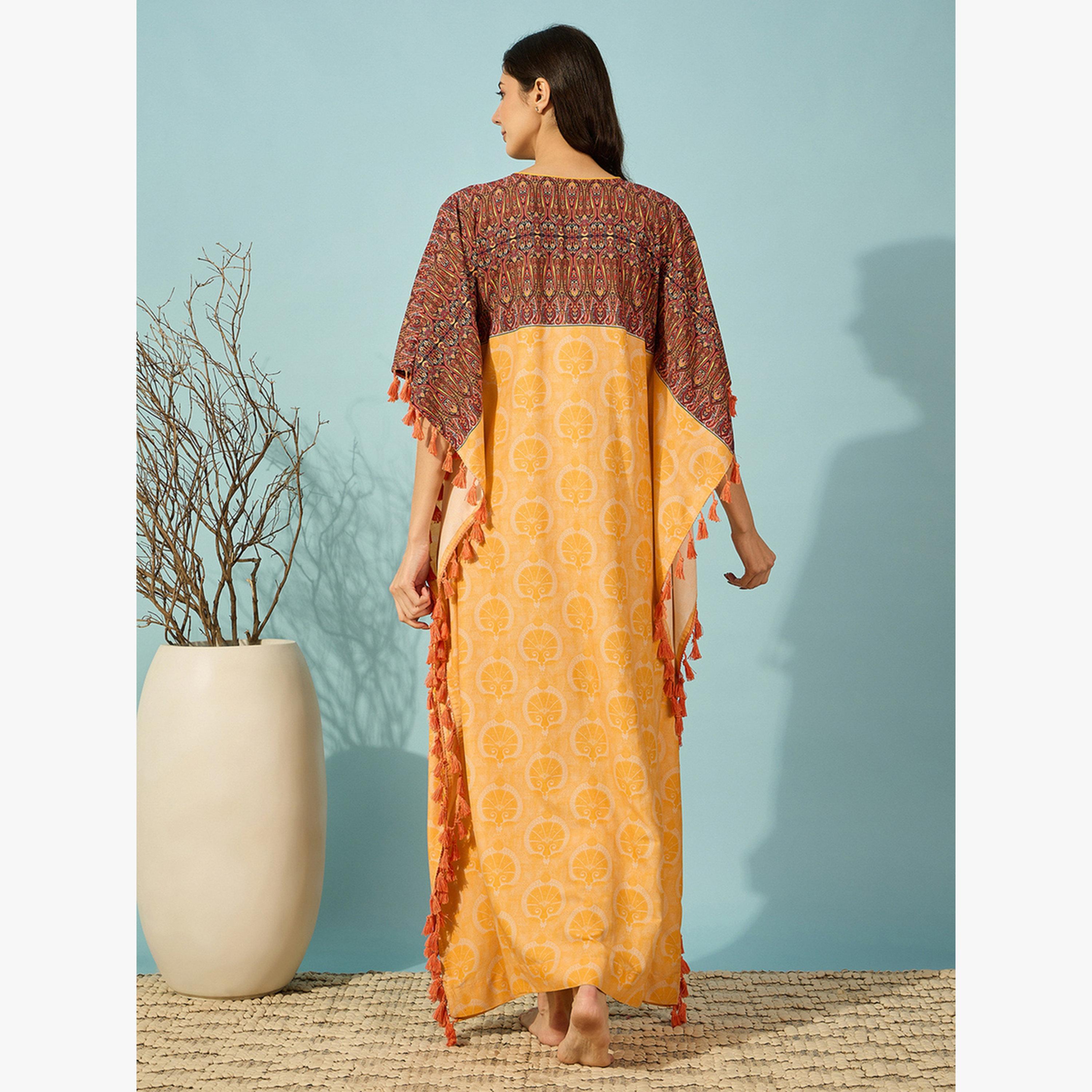 The Kaftan Company X Styli Yellow Paisley Print Kaftan with Tassel Trim-women-clothing-nightwear-nighties-image-4