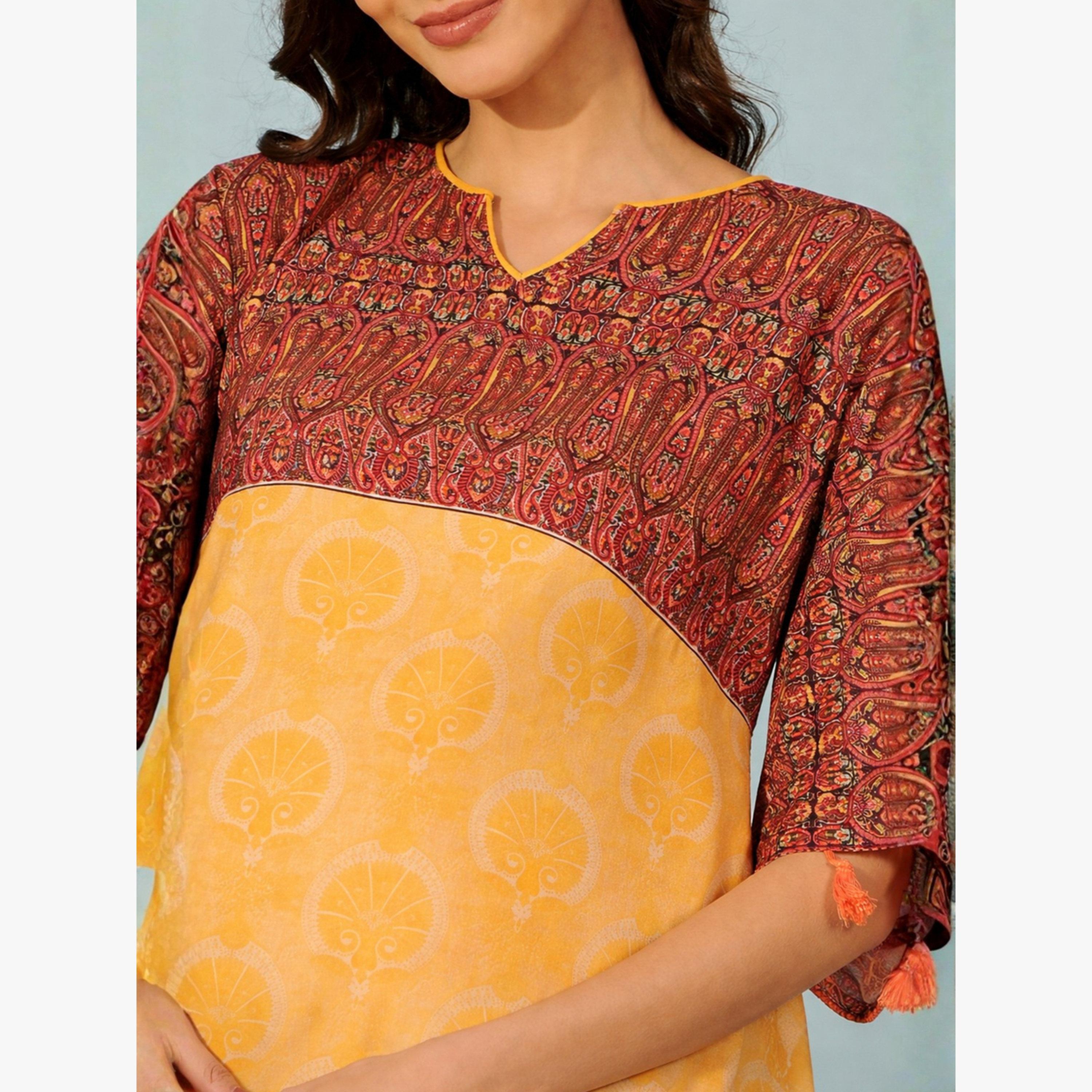 The Kaftan Company X Styli Yellow Paisley Print Kaftan with Tassel Trim-women-clothing-nightwear-nighties-image-5