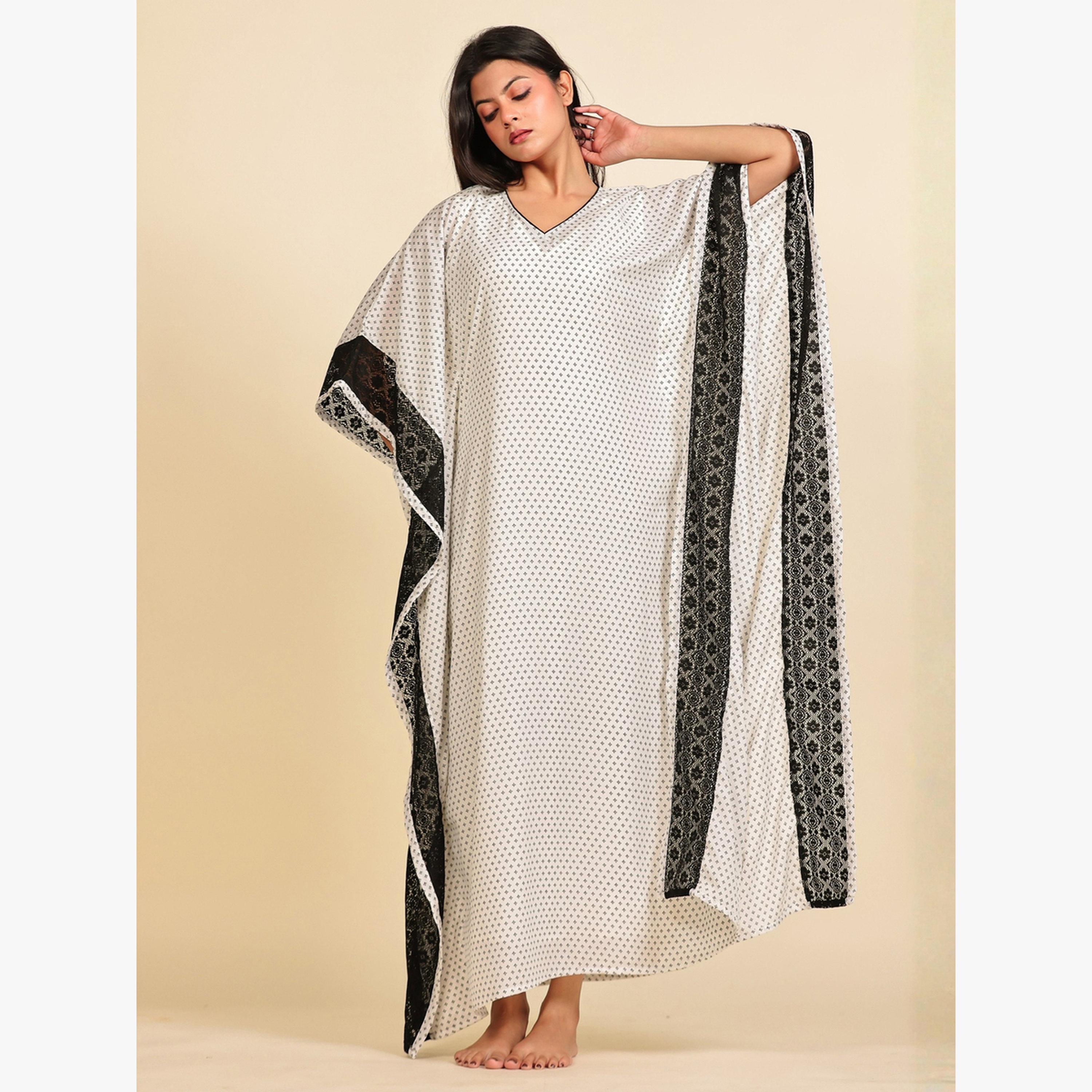 The Kaftan Company X Styli White Printed Georgette Kaftan with Inner Slip-women-clothing-nightwear-nighties-image-2