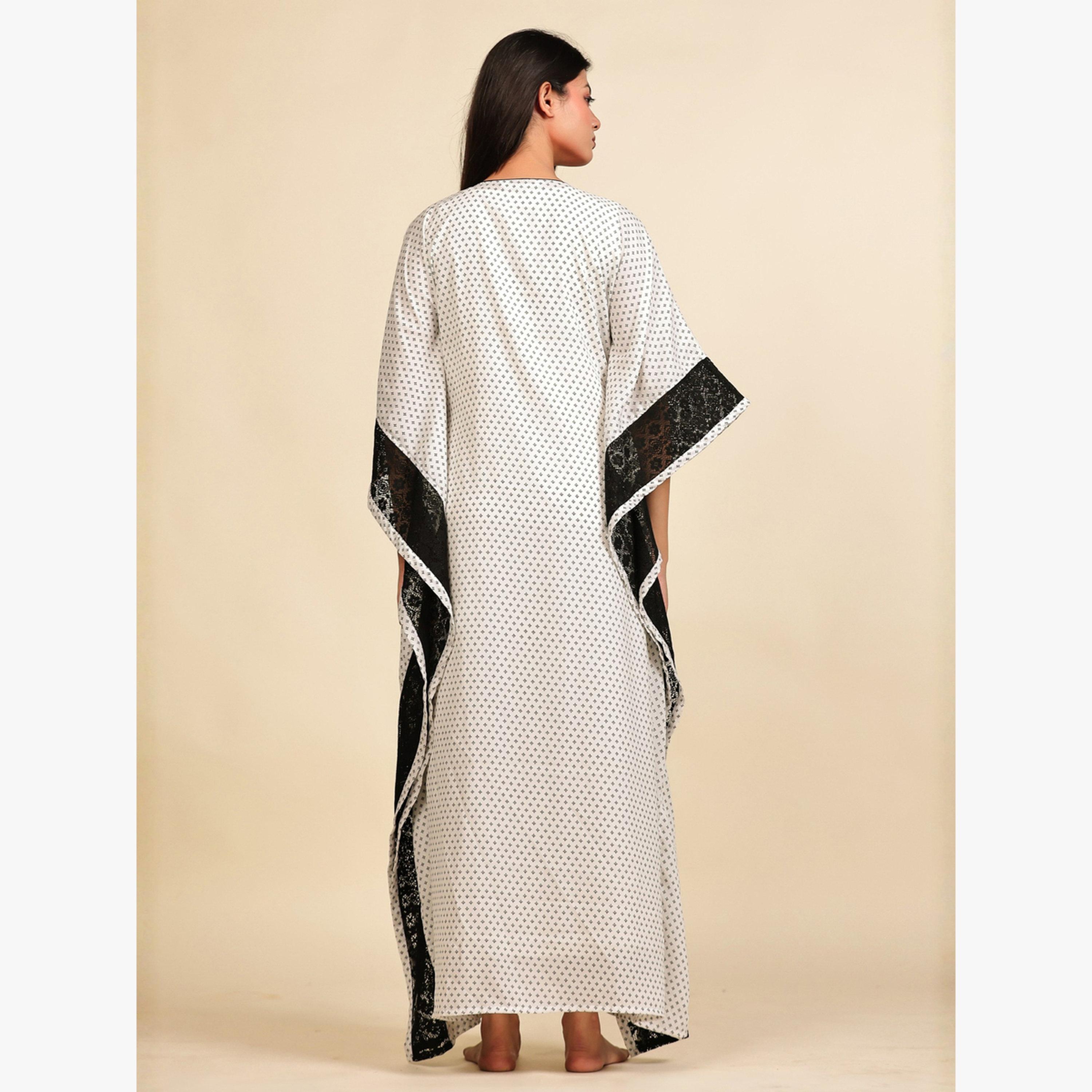 The Kaftan Company X Styli White Printed Georgette Kaftan with Inner Slip-women-clothing-nightwear-nighties-image-4