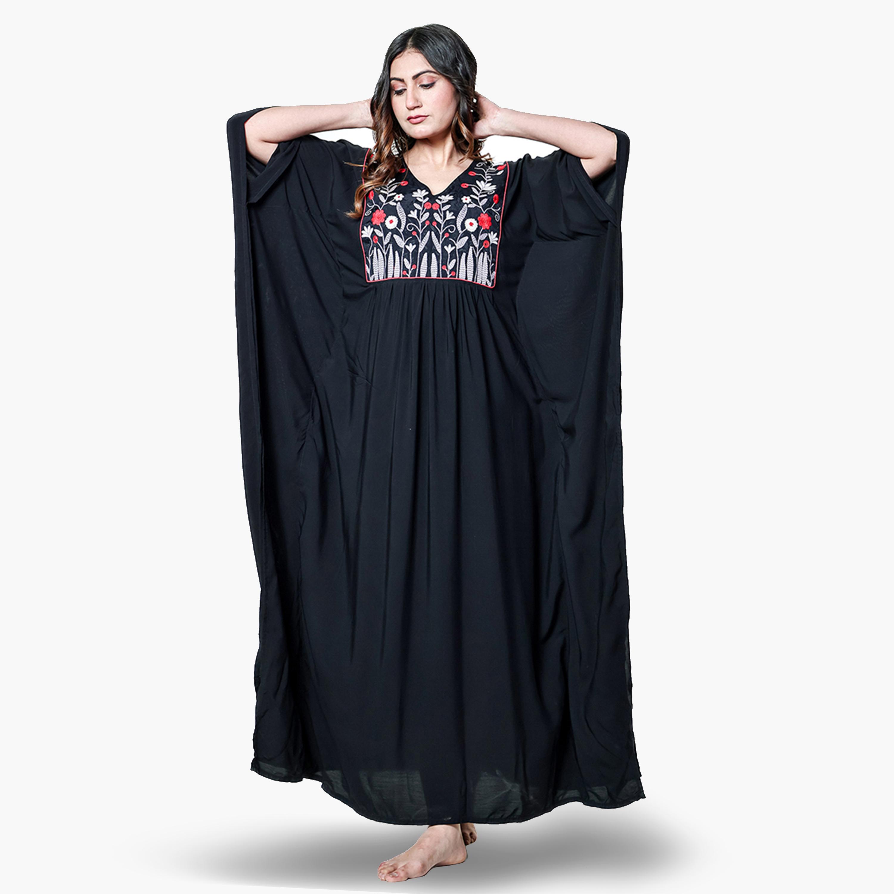 The Kaftan Company X Styli Black Embroidered Modal Kaftan Nightdress-women-clothing-nightwear-nighties-image-1
