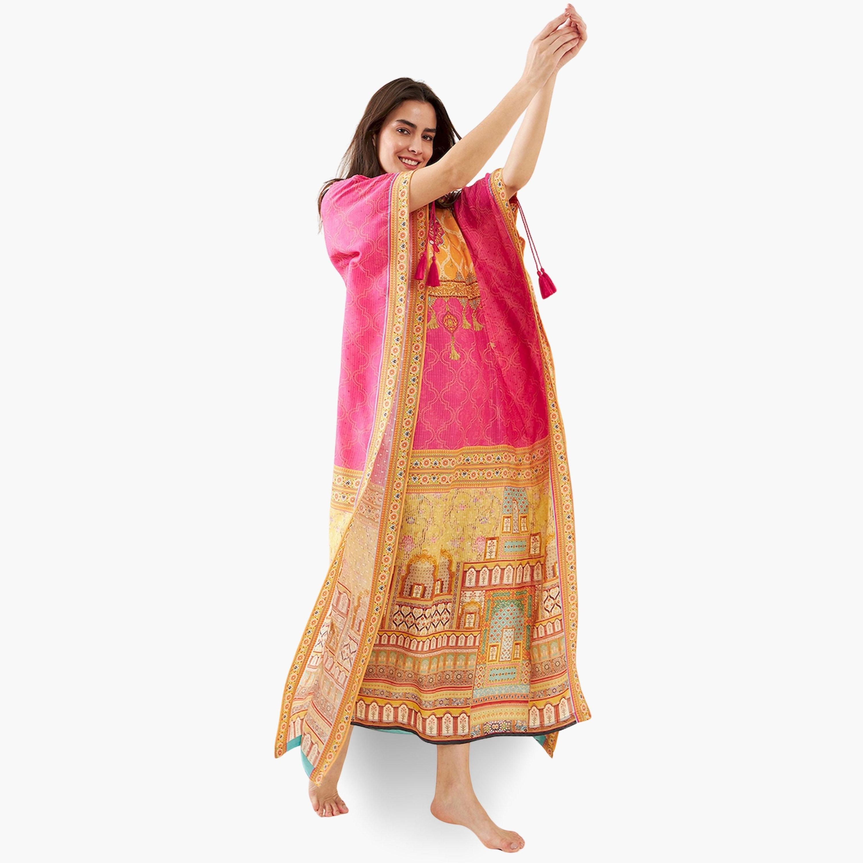 The Kaftan Company X Styli Pink Printed Short Sleeves Kaftan Nightdress-women-clothing-nightwear-nighties-image-1