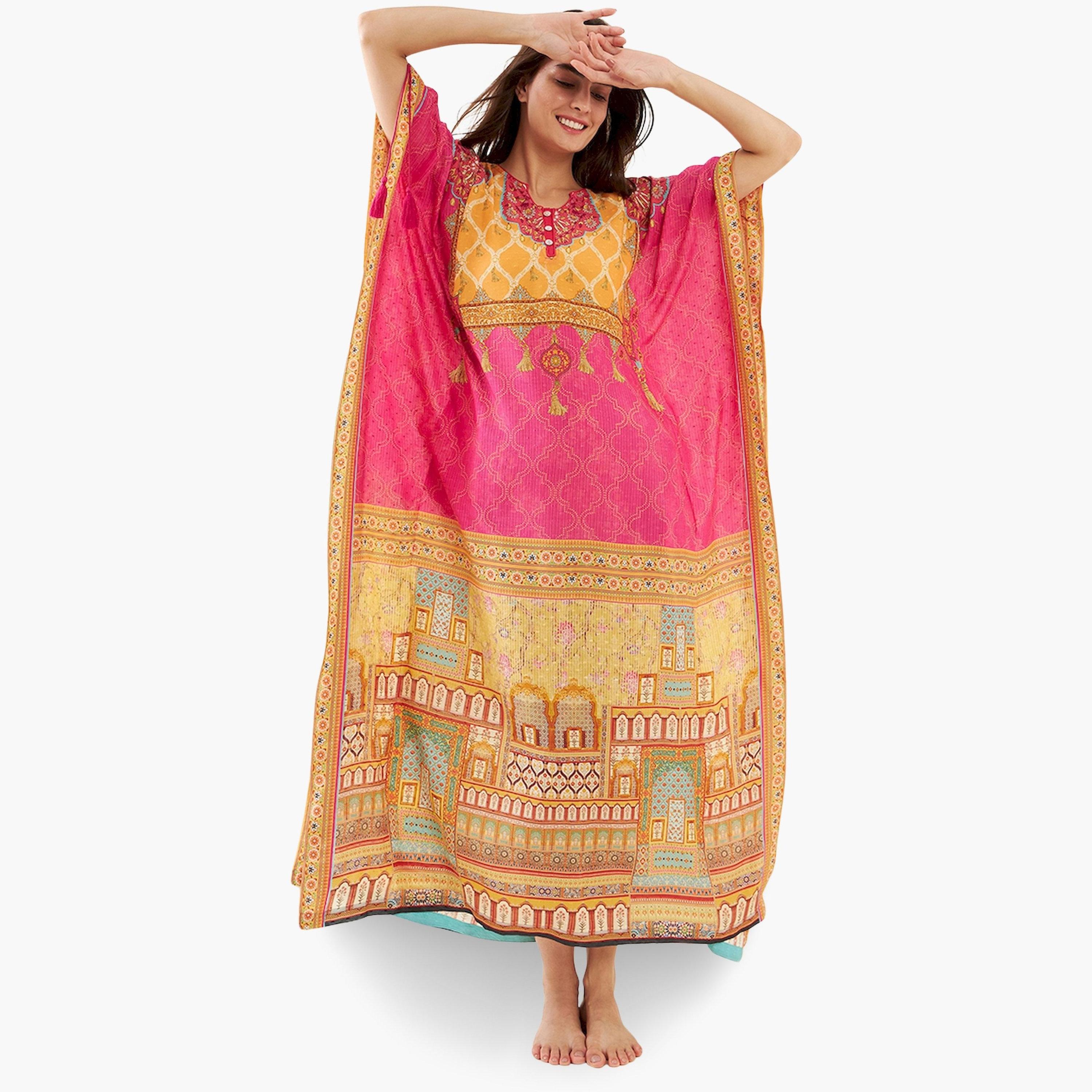 The Kaftan Company X Styli Pink Printed Short Sleeves Kaftan Nightdress-women-clothing-nightwear-nighties-image-2