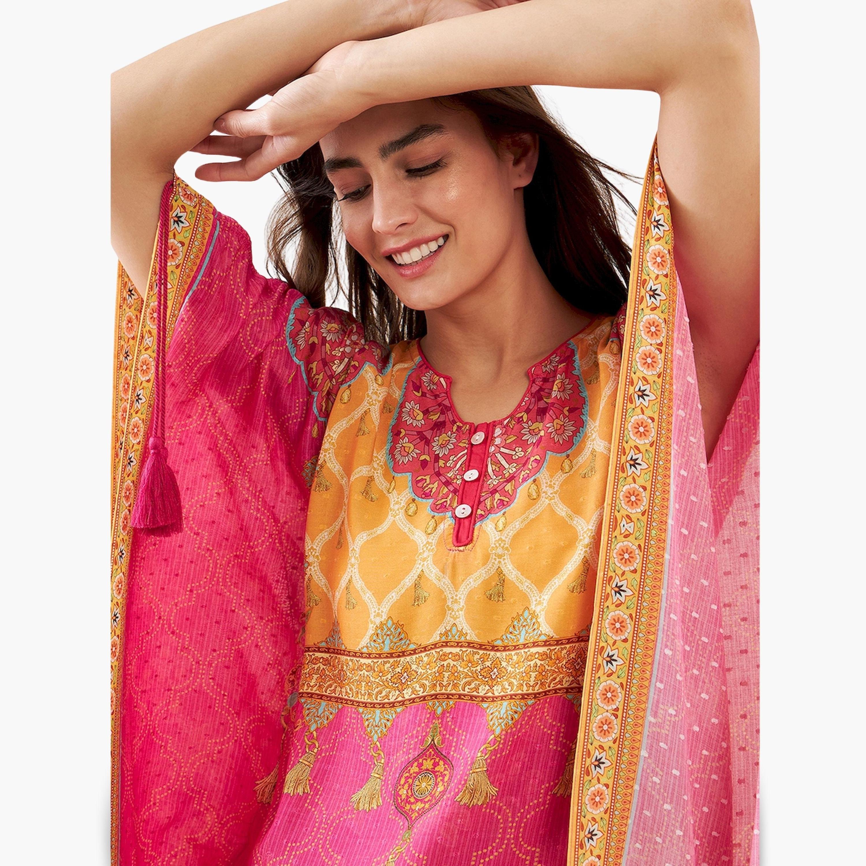 The Kaftan Company X Styli Pink Printed Short Sleeves Kaftan Nightdress-women-clothing-nightwear-nighties-image-4