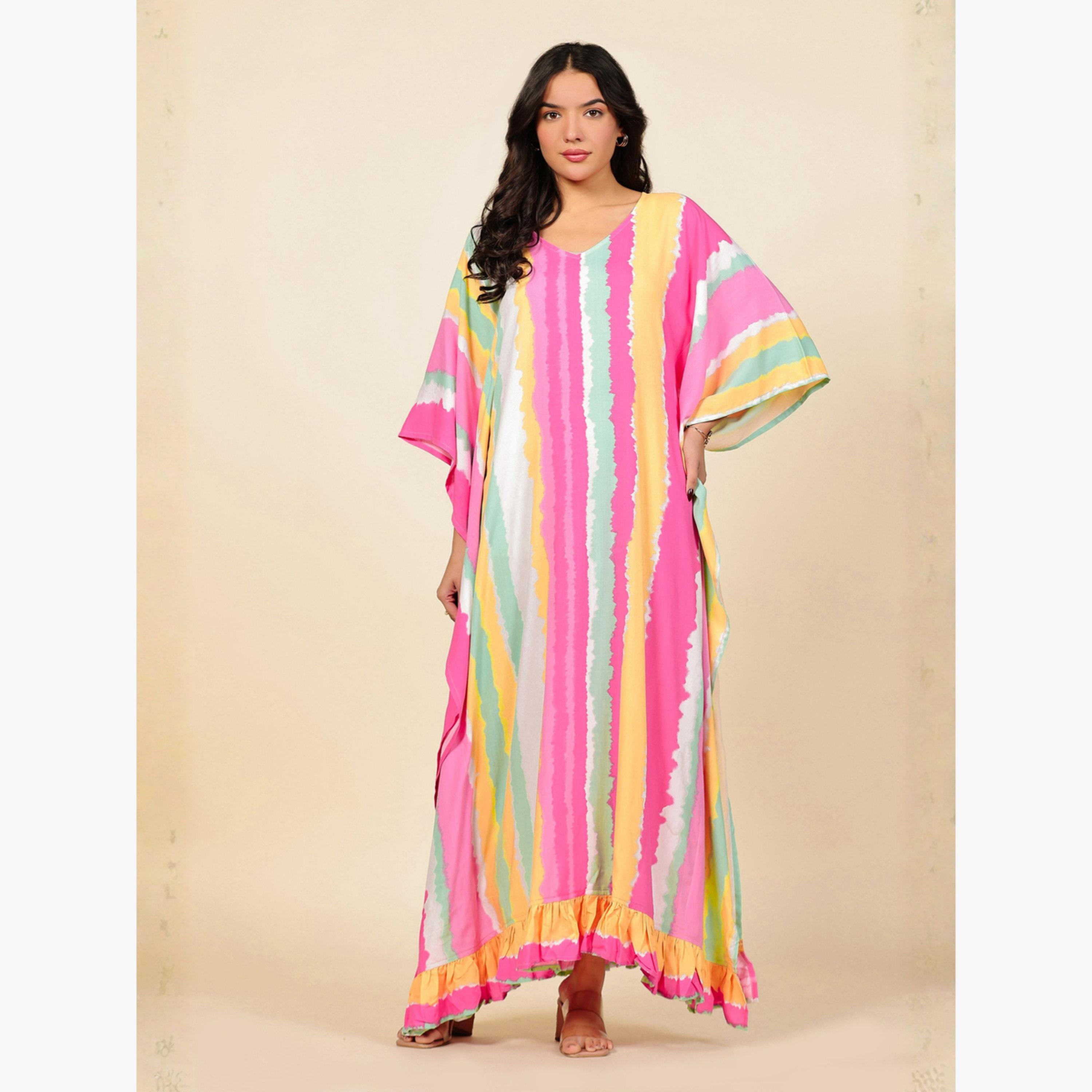 The Kaftan Company X Styli Multi Striped Kaftan Nightdress with Ruffle Hem-women-clothing-nightwear-nighties-image-1